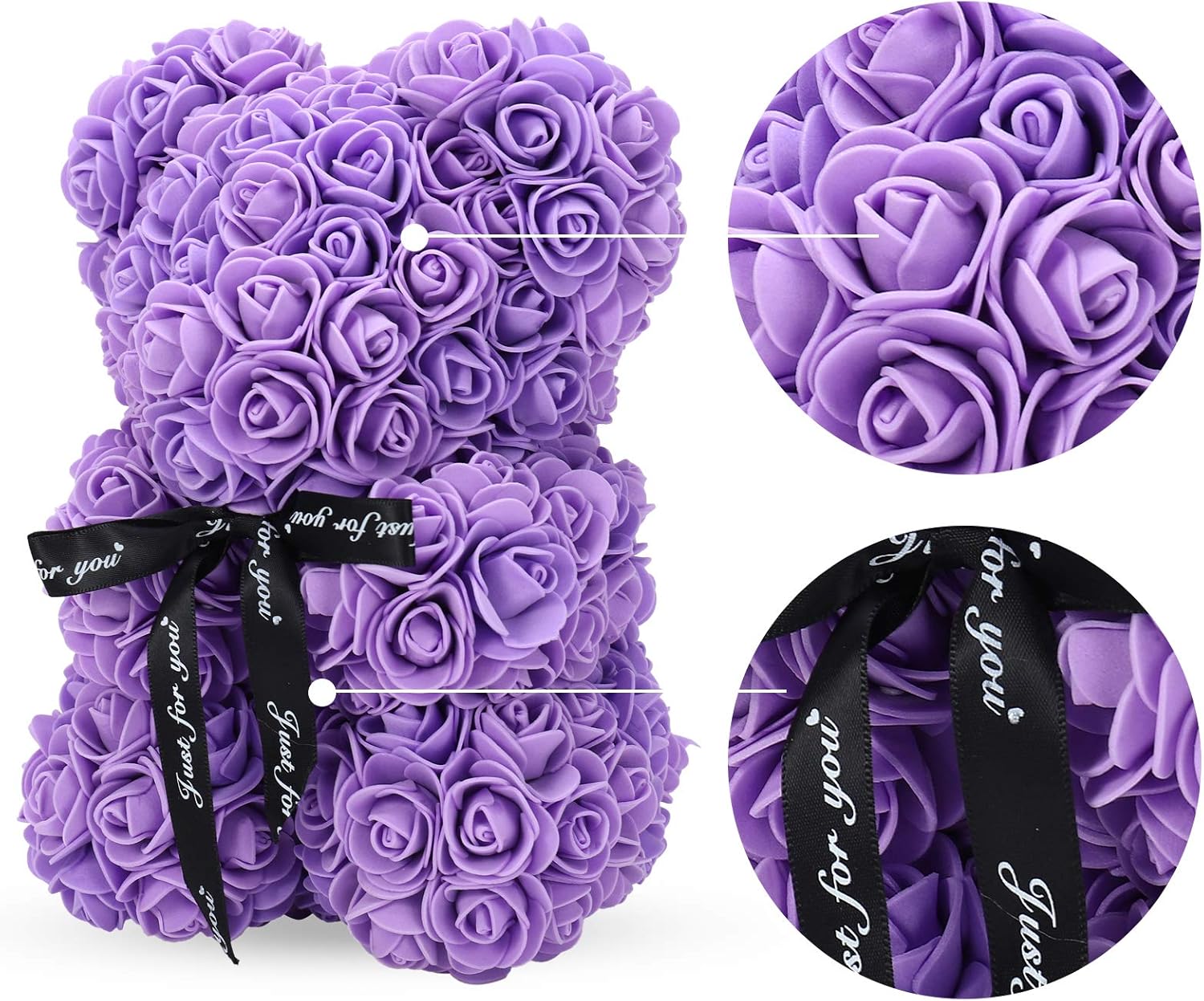 LINKLO Rose Bear Rose Teddy Bear -10 inch Artificial Rose Flower Bear, Gift for Wedding, Mothers Day and Anniversary, Including Transparent Gift Box (Purple)