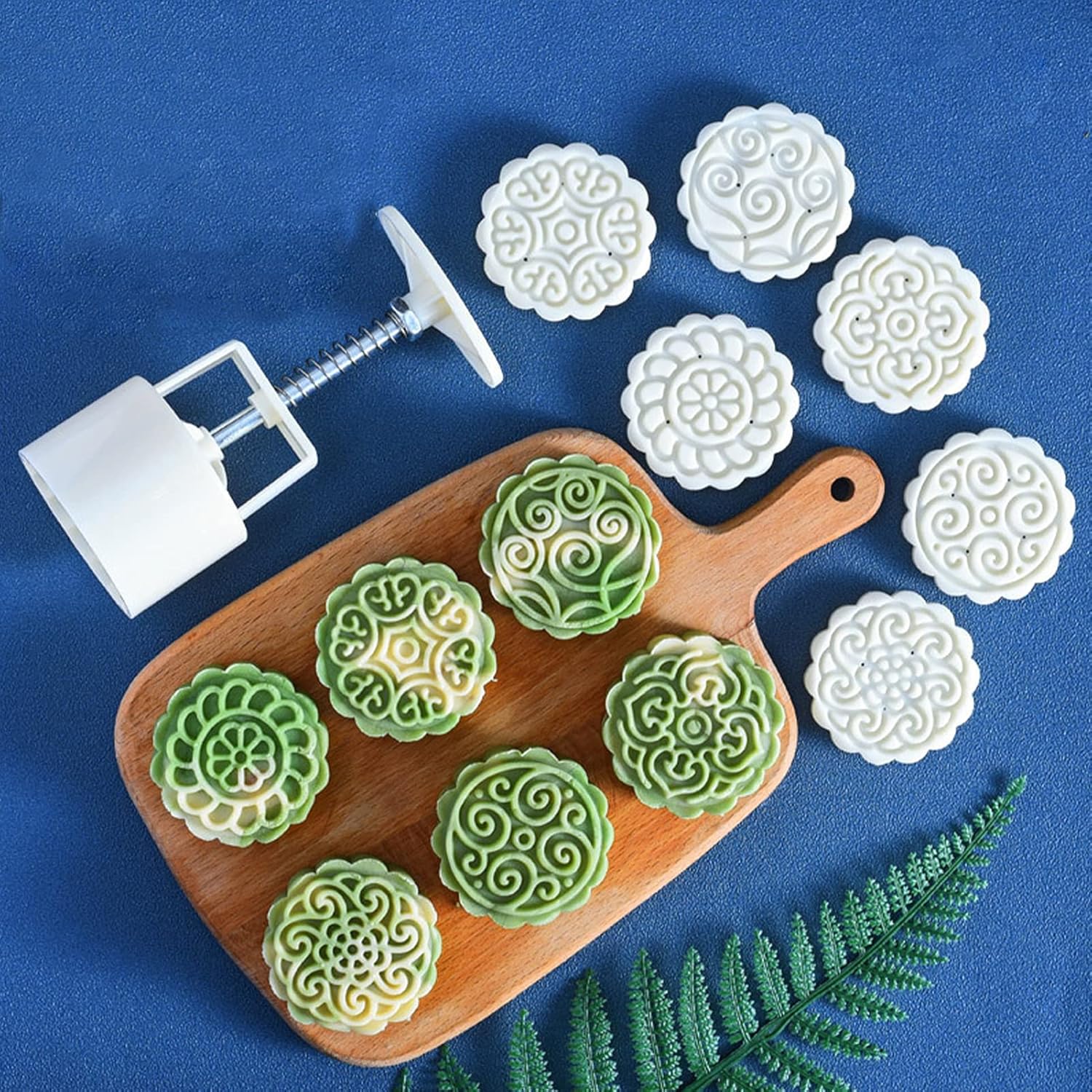 Product image of WeTop Mooncake Molds Set, Mid-Autumn Festival Hand-Pressure Moon Cake maker 6 pcs for baking, DIY Hand Press Cookie Stamps Pastry Tool(1 Mold, 6 Stamps). (75g)