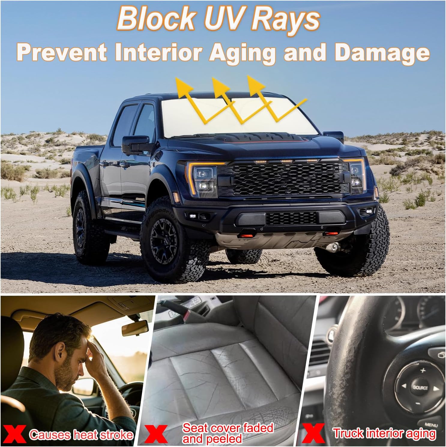PIMCAR Windshield Sun Shade for Ford F150 2021-2026, Premium 310T Reflective UV Protection, Lightweight Foldable Sun Visor with Storage Pouch