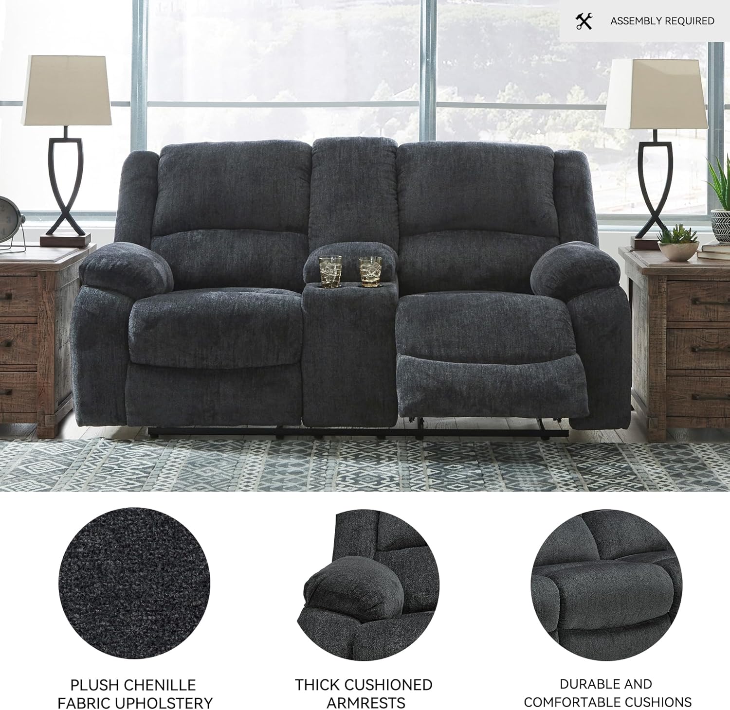 Signature Design by Ashley Draycoll Contemporary Reclining Loveseat with Storage Console and Cup Holders, Pull Tab Reclining, 21" Seat Height, Dark Gray