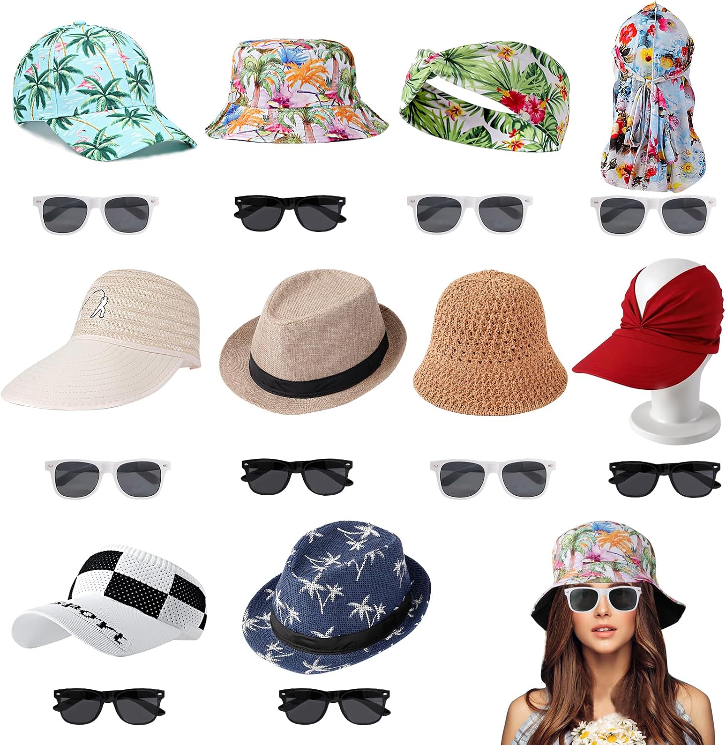 20PCS Bulk Summer Hat and Sunglasses Set for Adults - 10 Assorted Sun Hats (Fedora, Baseball, Straw, Bucket Hat, Visor) & 10 Sunglasses, Beach Hawaiian Luau Party Accessory Bundle, Photo Booth Props