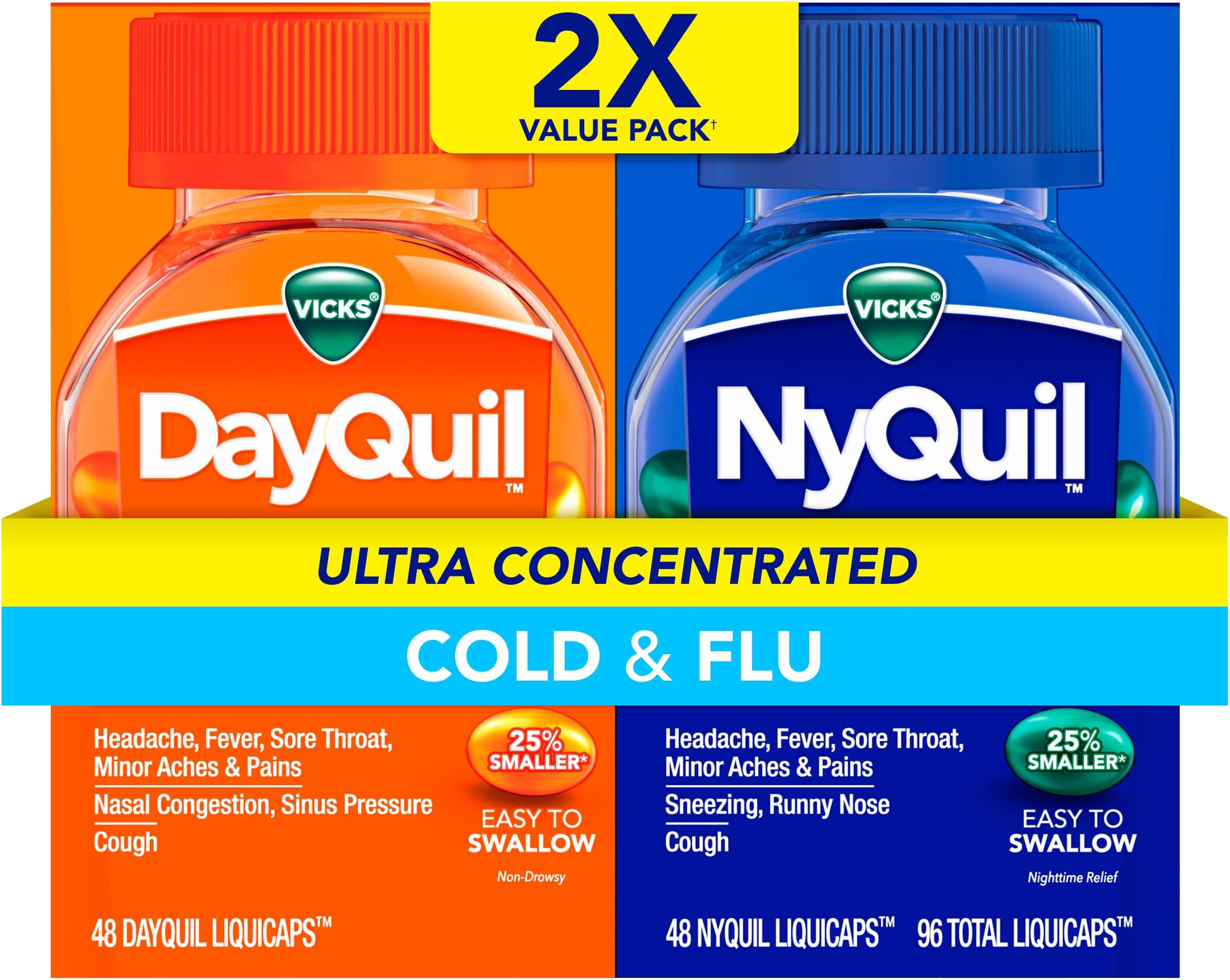 Vicks DayQuil & NyQuil Ultra Concentrated Liquicaps Co-Pack, Cold & Flu Medicine, Powerful Multi-Symptom Daytime & Nighttime Relief for Headache, Fever, Sore Throat, Minor Aches & Pains, & Cough, 96ct