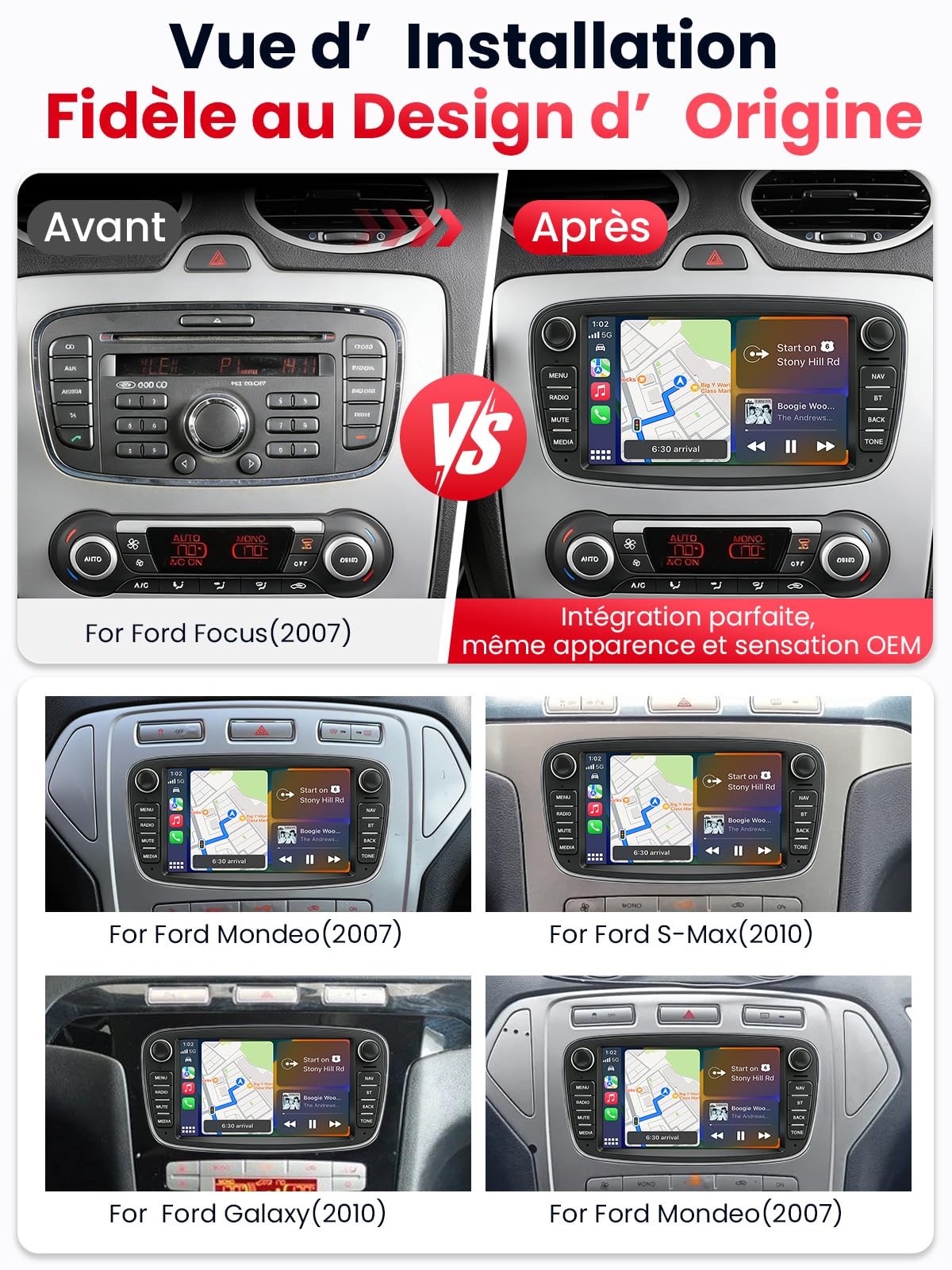 Autoradio Double DIN avec Écran pour Ford Mondeo Focus S-Max Galaxy, CarPlay & Android Auto sans Fil, Écran Tactile Auto 7", 4 Go+64 Go, Bluetooth WiFi 5 GHz Dab+ FM AUX GPS