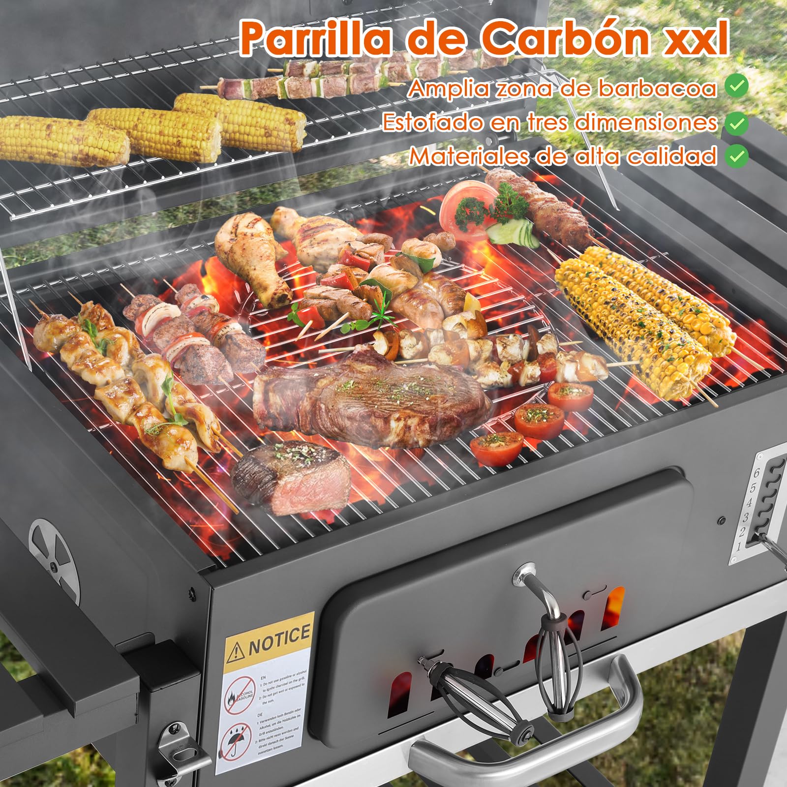 TLSUNNY Barbacoa de Carbón de Madera, XXL Parrilla en Pie con Tapa, Barbacoa de Gran Tamaño con Chimenea y Termómetro, Grande Parrilla con 2PCS Ruedas, 152 x 136 x 60 cm para Jardín y Exterior