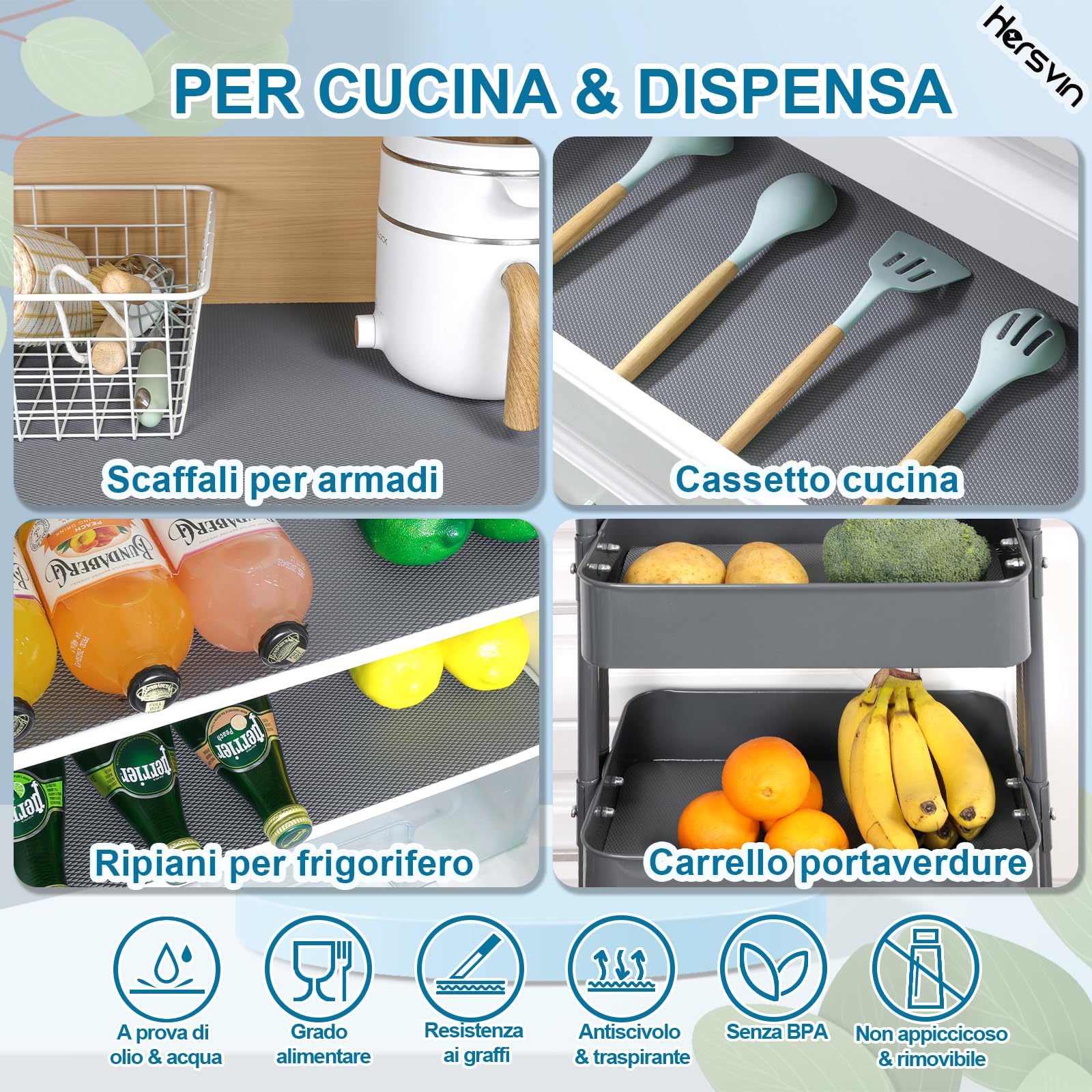 Hersvin 50cmx600cm Tappetino per Cassetti, Addensati Tappetini Non-adesivo EVA Plastica Rotolo Carta per Mensola Cassetto Frigorifero Tavolo Mobile Cucina Lavello Ripiani (Grigio Grande Diamante)
