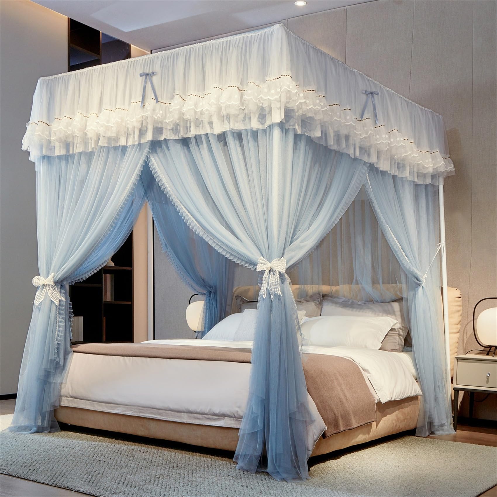GUOIOOI Canopy Bed Curtains 4 Corners Post Ruffle Lace bow Princess Bed Canopy with Removable Blackout Top,Double‑Layer Cozy Drape Netting 3‑Side Opening for Queen/Full Bed(Blue,FULL/1.5x2M)