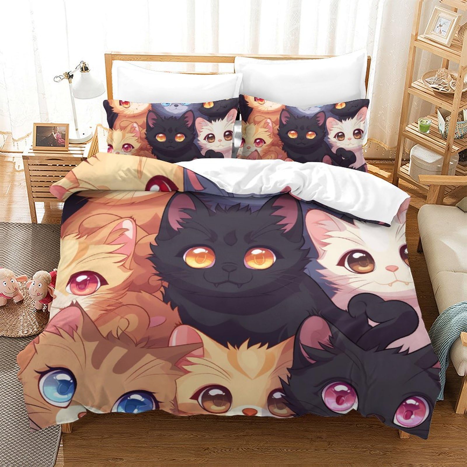Housse de couette chat microfibre 200x200cm avec taies d'oreiller 3pcs
