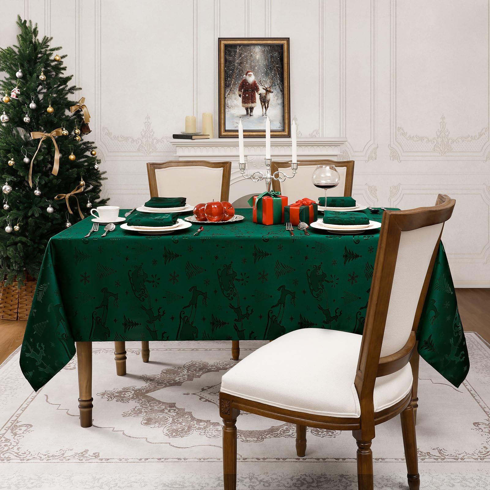 Romanstile Mantel de Navidad verde 350 x 150 cm, grande, lavable e impermeable, jacquard reno y árbol de Navidad, rectangular, XXL, mantel para vacaciones, decoración de Navidad, fiesta, fiesta