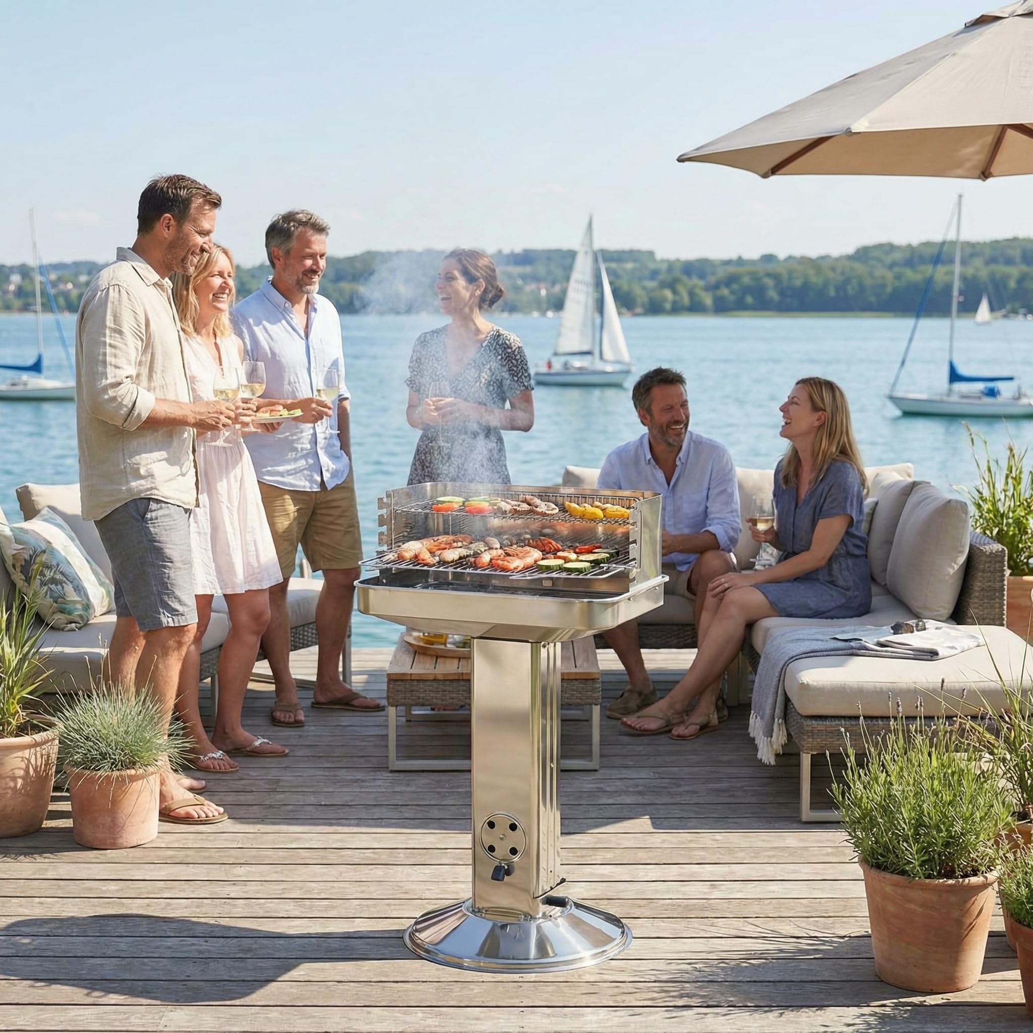 TLGREEN Barbecue a colonna in acciaio inox 57 * 38 * 90 cm, Altezza regolabile in 5 posizioni, Barbecue da esterno con Cassetto cenere, ventilazione e griglia cromata, Outdoor, BBQ, Spiagge, Giardino