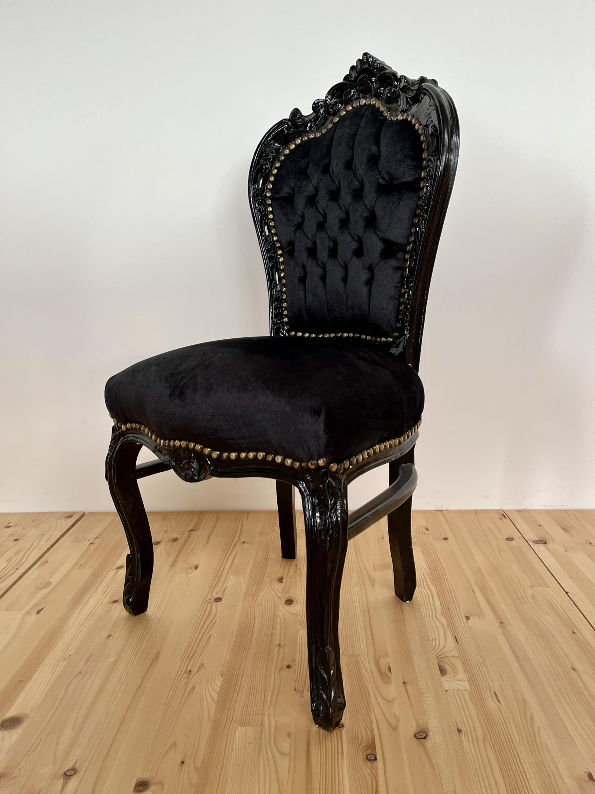 CasAmin Home & Living Chaise Accent Black Velvet French Louis XV Style Baroque Rococo Dining Antique Style Reproduction en Noir