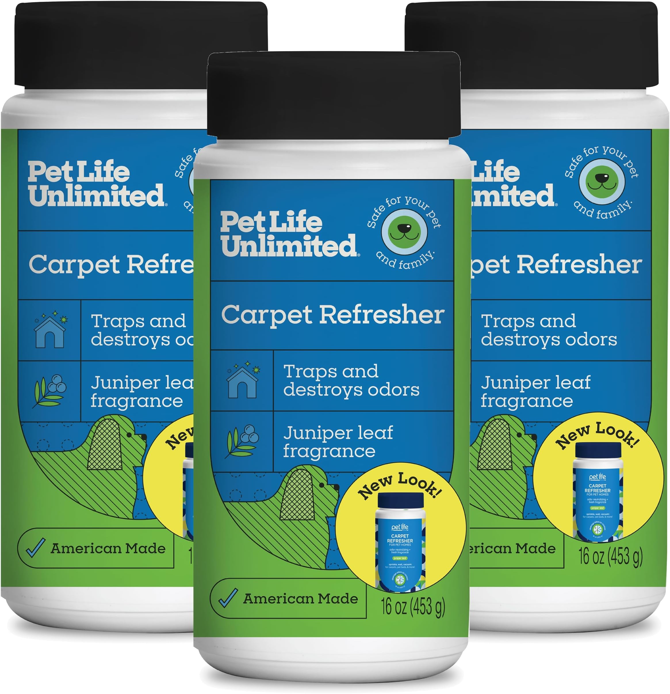 Carpet Refresher Powder, Carpet Deodorizer Powder Pet Safe - Carpet Powder Pet Odor Eliminator for Carpet with Plant-Based Juniper Leaf Scent - Made in the USA - 16oz (Pack of 3)
