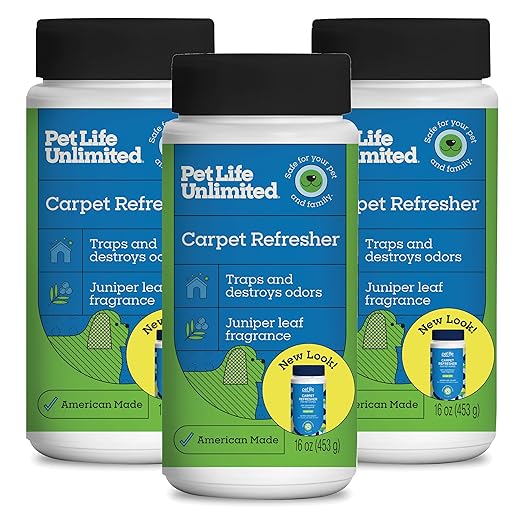 Pet Life Unlimited Carpet Deodorizer Powder, 16 oz, Strong Pet Odor Eliminator & Carpet Freshener, Plant-Based Juniper Leaf Scent, Pet Safe (Pack of 3)