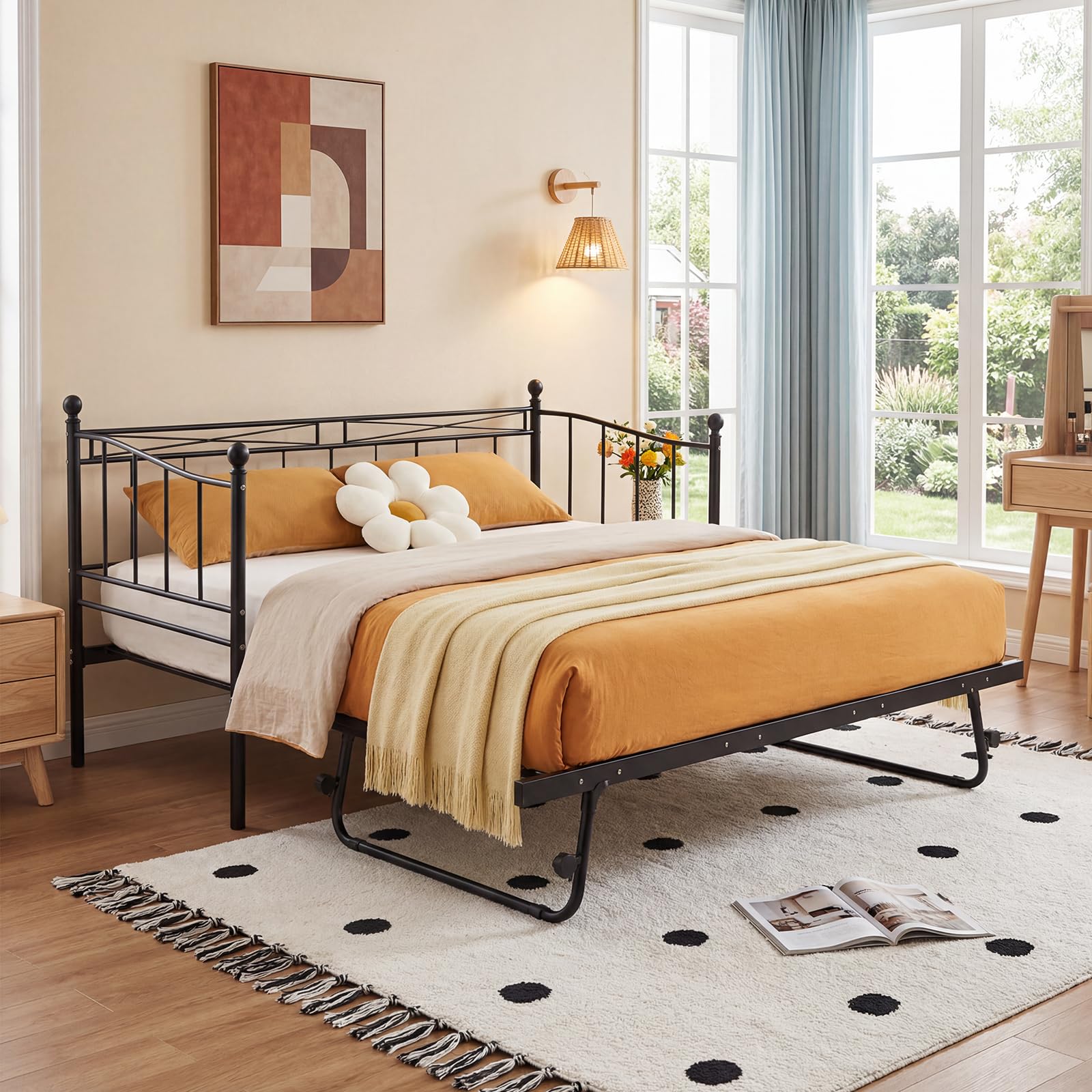 Panana Black 3FT Single Metal Frame with Under Bed Guest Trundle Bed For Adults & Kids (Black, Daybed+Trundle)