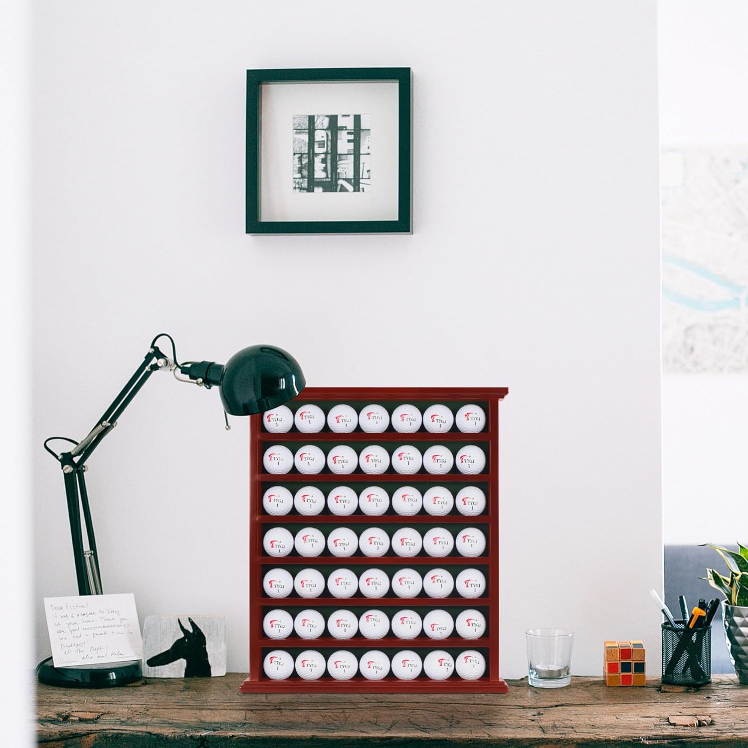 DisplayGifts Golf Gift 49-Golf Ball Display Case Cabinet Rack, No Door Open Rack Mahogany Finish