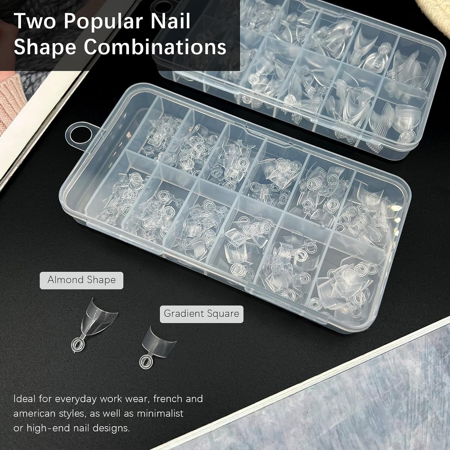 Gmlswsc 440 PCS Extra Short Half-Cover Nail Tips Set, Clear Almond & Tapered Square Gel Nail Tips, Pre-Shaped Manicure Kit with 12 Sizes for Home & Salon Use
