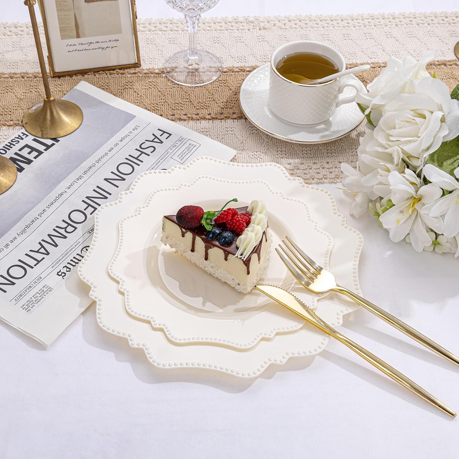 COLOSUS 60pcs Ivory Plastic Plates -Elegant Plastic Plates,Heavy Duty Cream Disposable Plates for Party Include 30 pcs Dinner Plate and 30 pcs Dessert Plate for Wedding/birthday/baby shower - Image 5