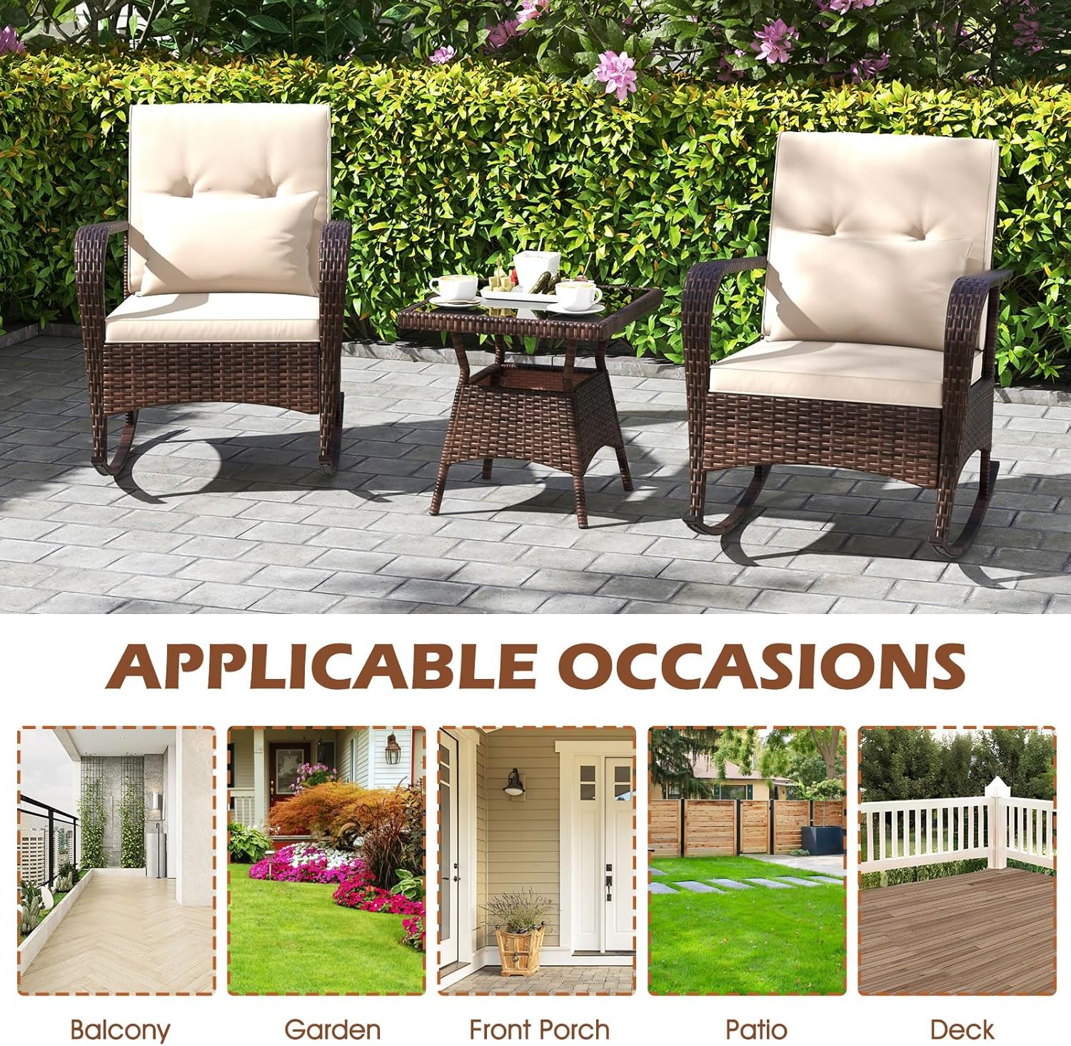 COSTWAY Outdoor Rocking Chairs Set of 2, 3 Piece PE Wicker Patio Bistro Set with Coffee Table & Thick Cushions, Rattan Patio Rocker Furniture for Front Porch Lawn Garden Backyard Deck Poolside (Beige)