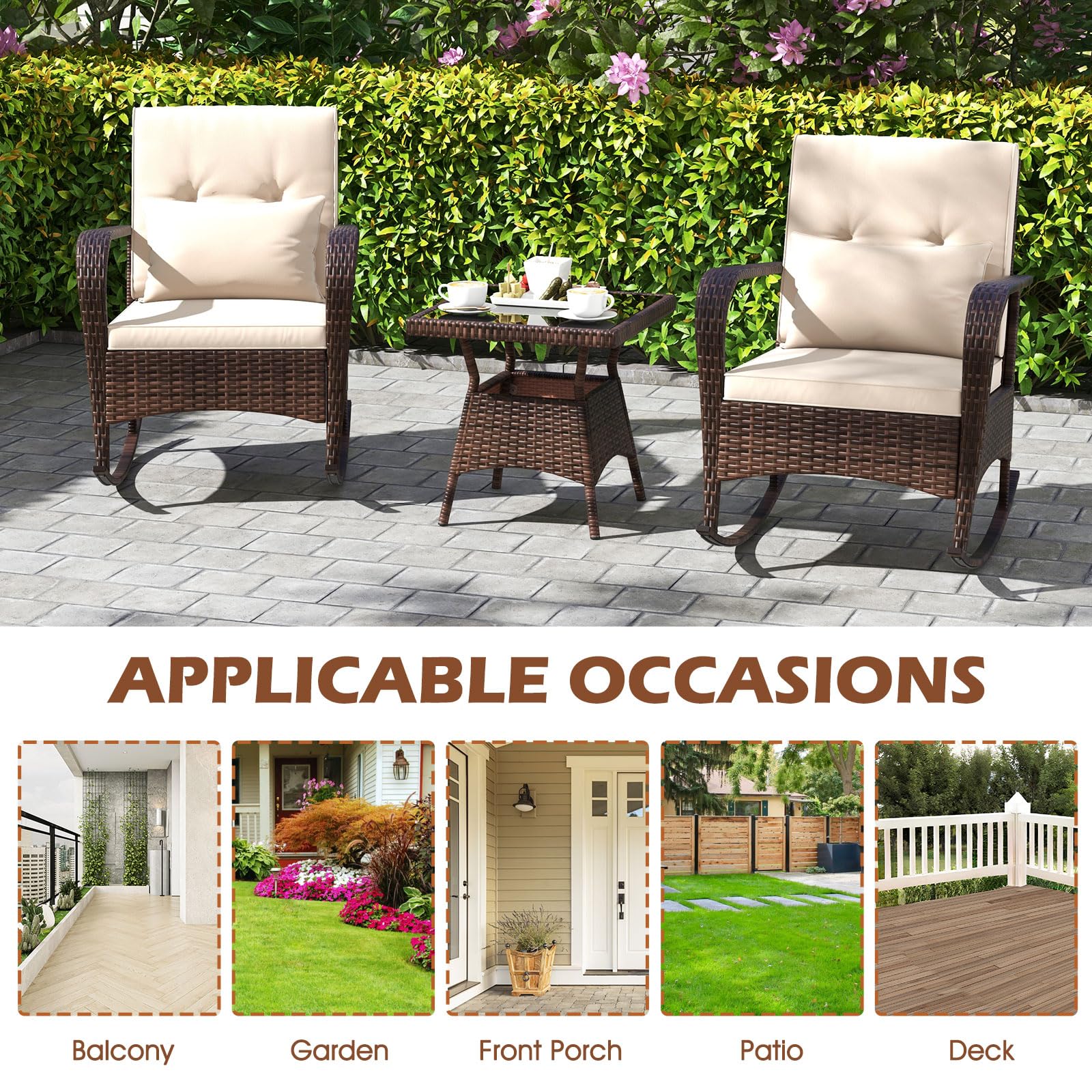 GIANTEX Juego de Mecedoras de Jardín de 3 Piezas, Conjunto de Muebles de Ratán PE con Mesa de Vidrio Templado, 2 Sillas Mecedroras y Cojines, Juego de Conversación Exterior para Terraza Patio Piscina