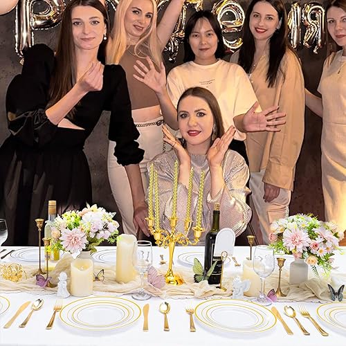 Miniatura 9 de supernal Juego de vajilla de plástico dorado de 60 piezas, incluye platos de plástico dorados y cubiertos desechables, platos desechables de fiesta