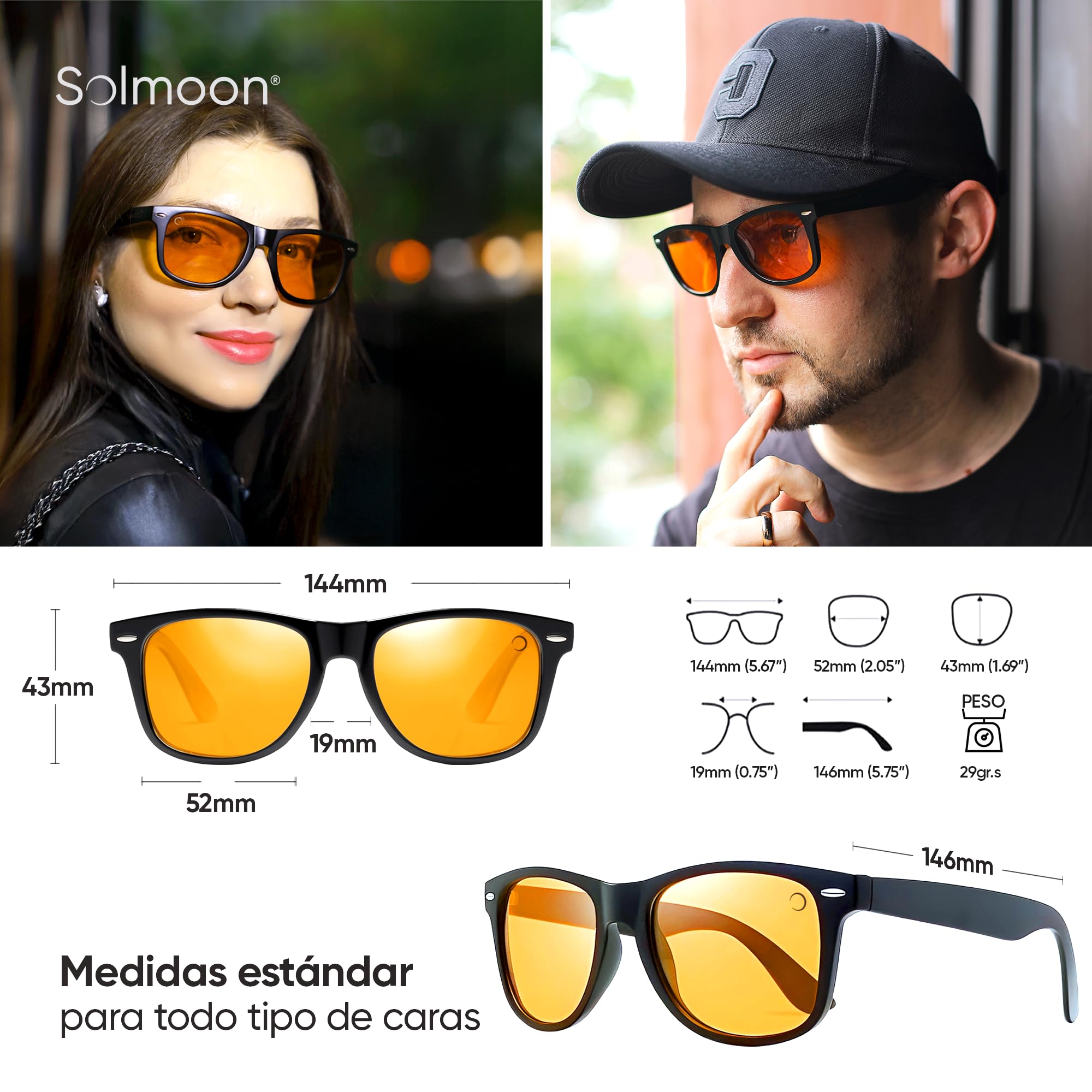 Solmoon Gafas Luz Azul Naranja Tarde y Noche – Lentes Tritan BPA Free – 0 Luz Azul para Pantallas, Gaming, Atardecer y Paseo Nocturno – Circalens™ – Estuche Bio Mushroom Leather