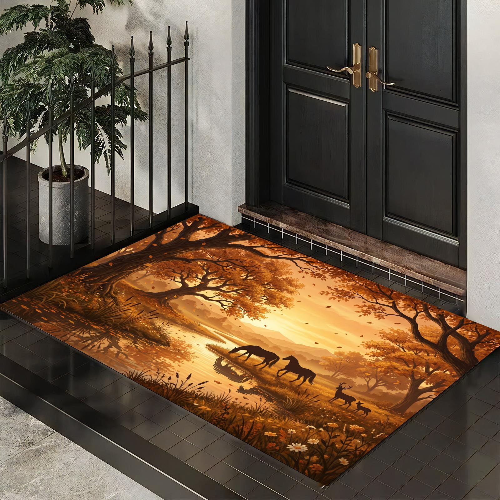 Ultradünne Herbstlicher Flusswald Fußmatte Für Innenbereich, 80X120Cm Waschbar Teppich Für Eingangsbereich, Sonnenuntergangstiere Schmutzfänger Fussmatten, Orange Farbe Rutschfeste Eingangsmatte