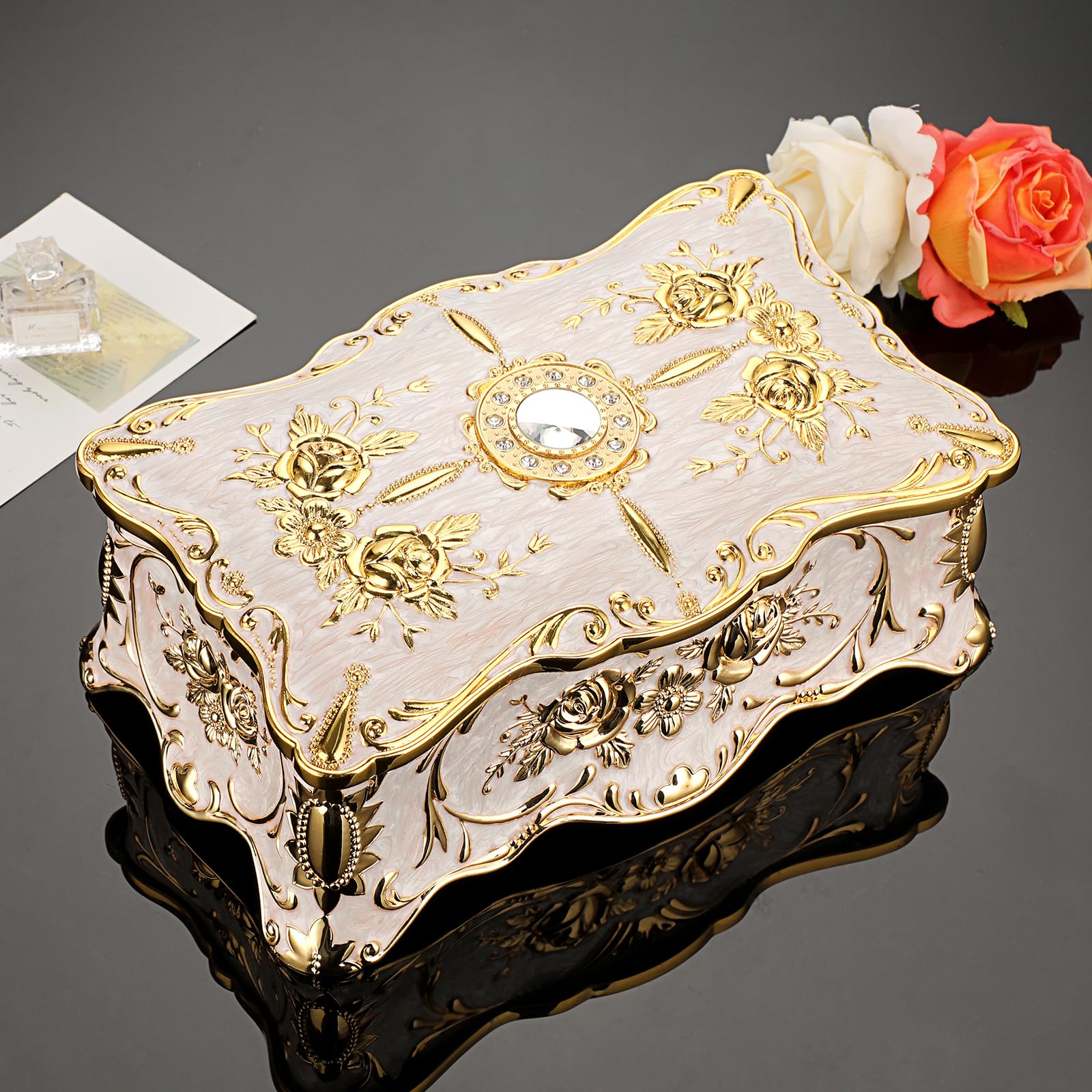 IGNPION Vintage-Schmuck-Aufbewahrungsbox, dekorative Schmuckvitrine für Ringe, Halsketten, Ohrringe-Aufbewahrung, große Metall-Schmucksachen-Organizer-Box (Beige, XXL)