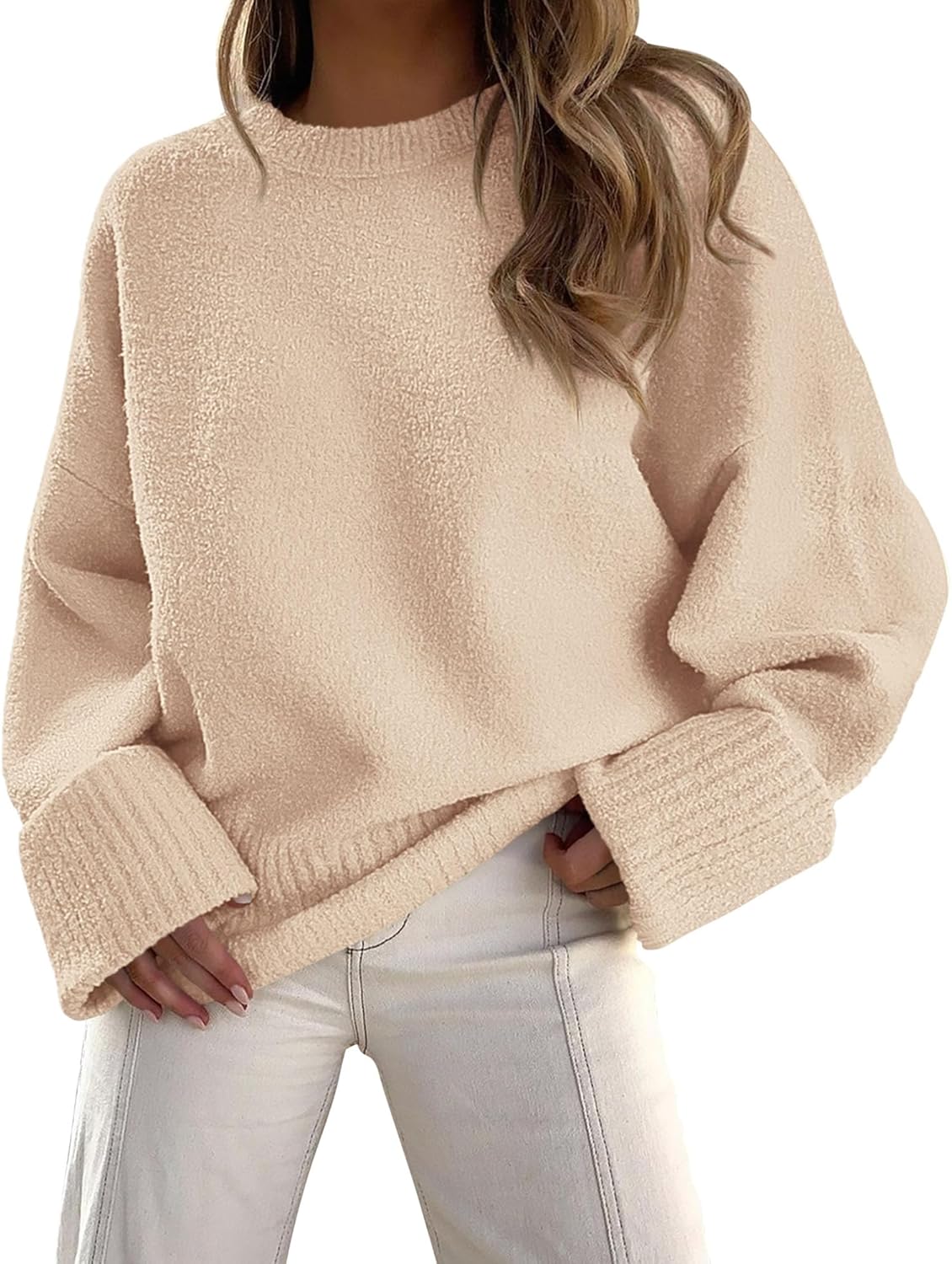 PRETTYGARDEN Women's Fall Oversized Sweaters Casual Crewneck Pullover Long Sleeve Fuzzy Chunky Knit Tops Blouse Small Apricot