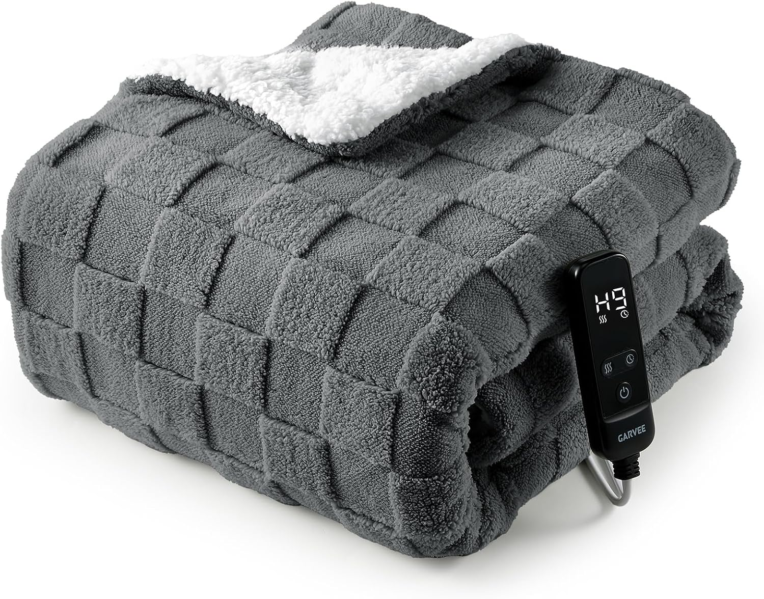 Garvee Heated Weighted Blanket - 15lbs Weighted Beads Electric Throw with Memory Controller, Ultra-Soft Milk Fleece Checkered Jacquard, Body-Conforming Warmth for Deep Sleep, 50"×60" Gray