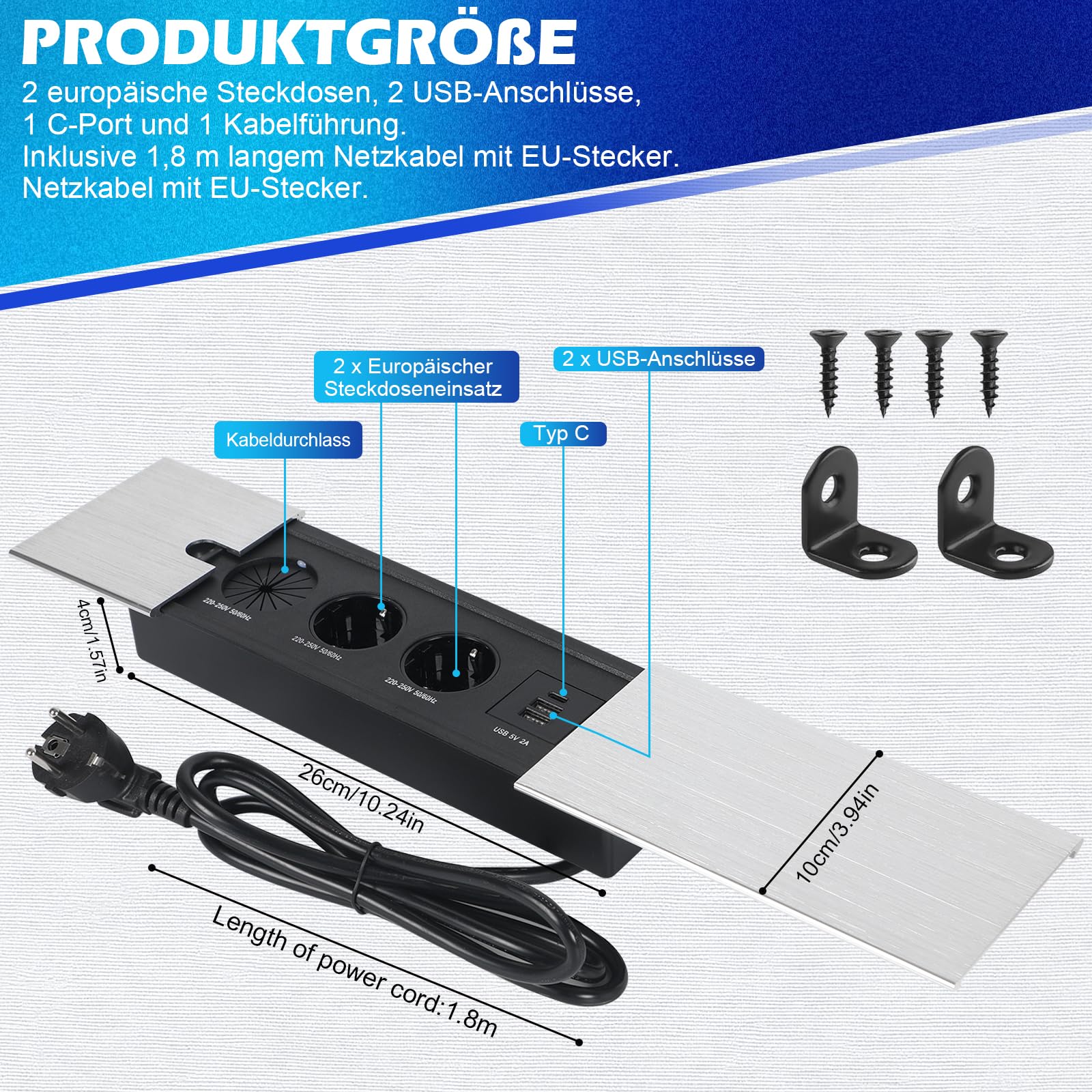 Ciabatta elettrica da incasso con coperchio scorrevole in metallo, presa a scomparsa 3 scomparti con 2 USB A e USB C, presa da tavolo a scomparsa per scrivania, cucina, ufficio (argento, 2)