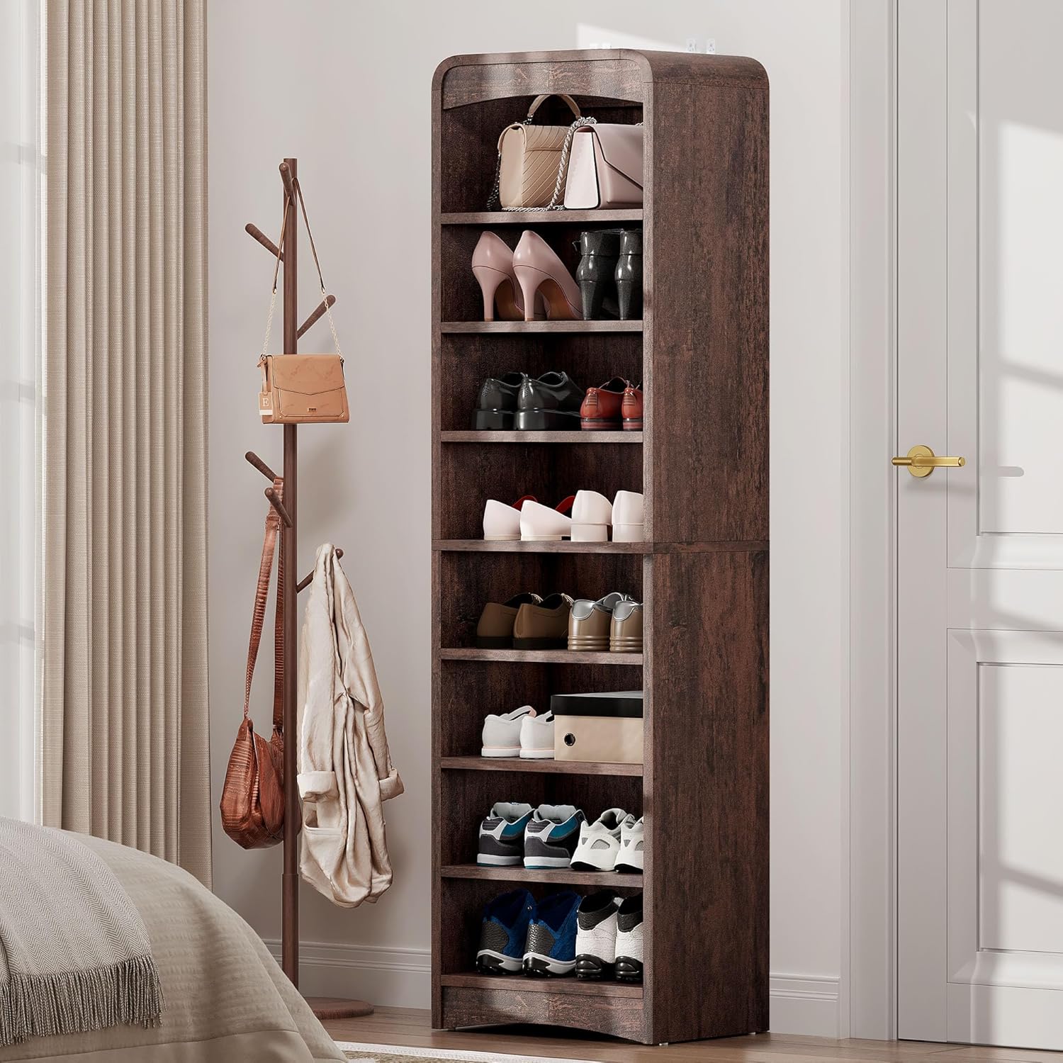 Tall Shoe Cabinet, 8 Tiers 16 Pairs Wooden Shoe Rack with Adjustable Shelf, Freestanding Shoe Closet Shoes Organizer Cabinet for Entryway, Hallway, Living Room, Espresso