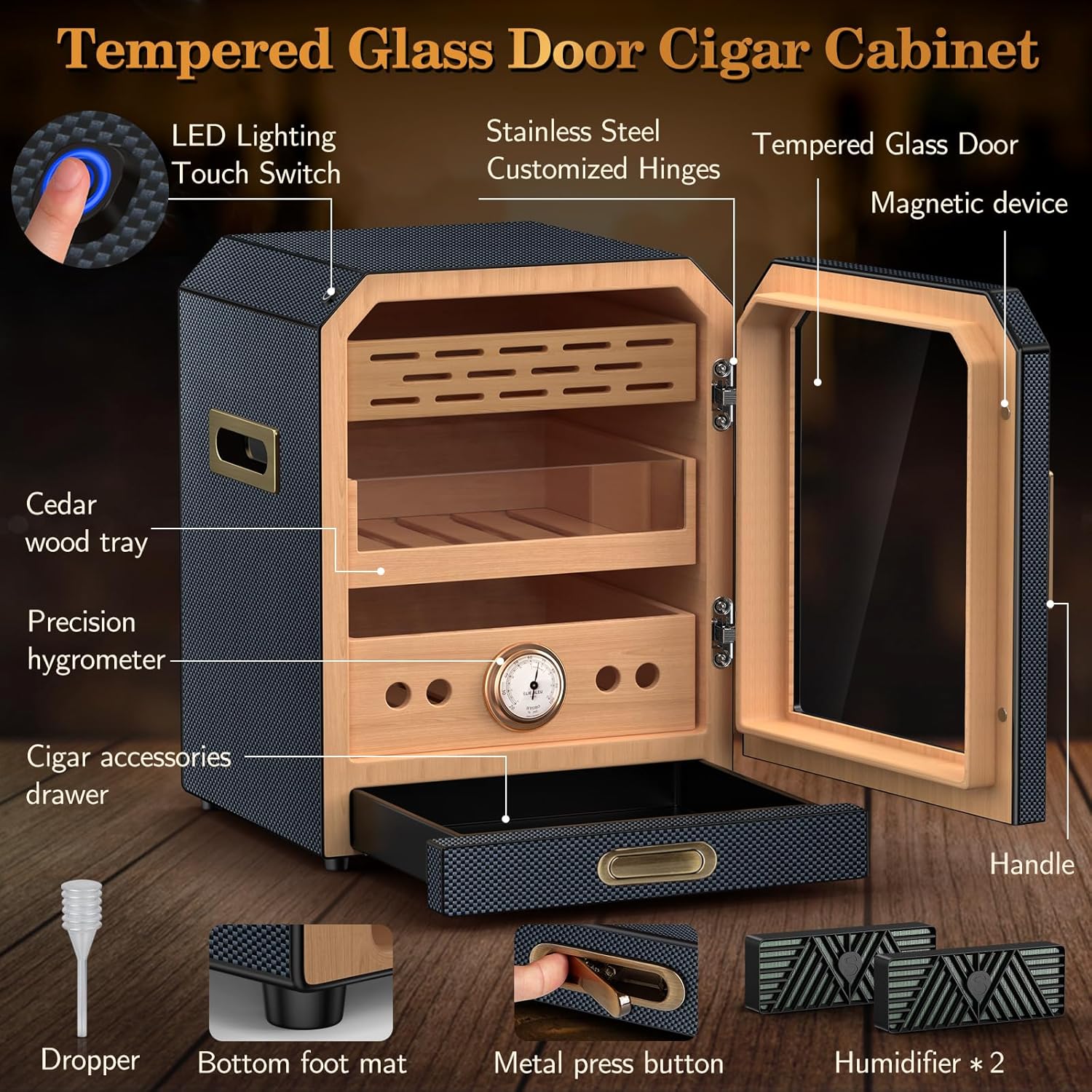 Cigar Humidor, Lighted Control Magnetic Door Desktop Cigar Humidor Cabinet,with Cigar Accessory Drawer and 2 humidifiers 3 Layer Large Capacity Humidor,Hold 100-150 Cigars (Carbon Fiber)