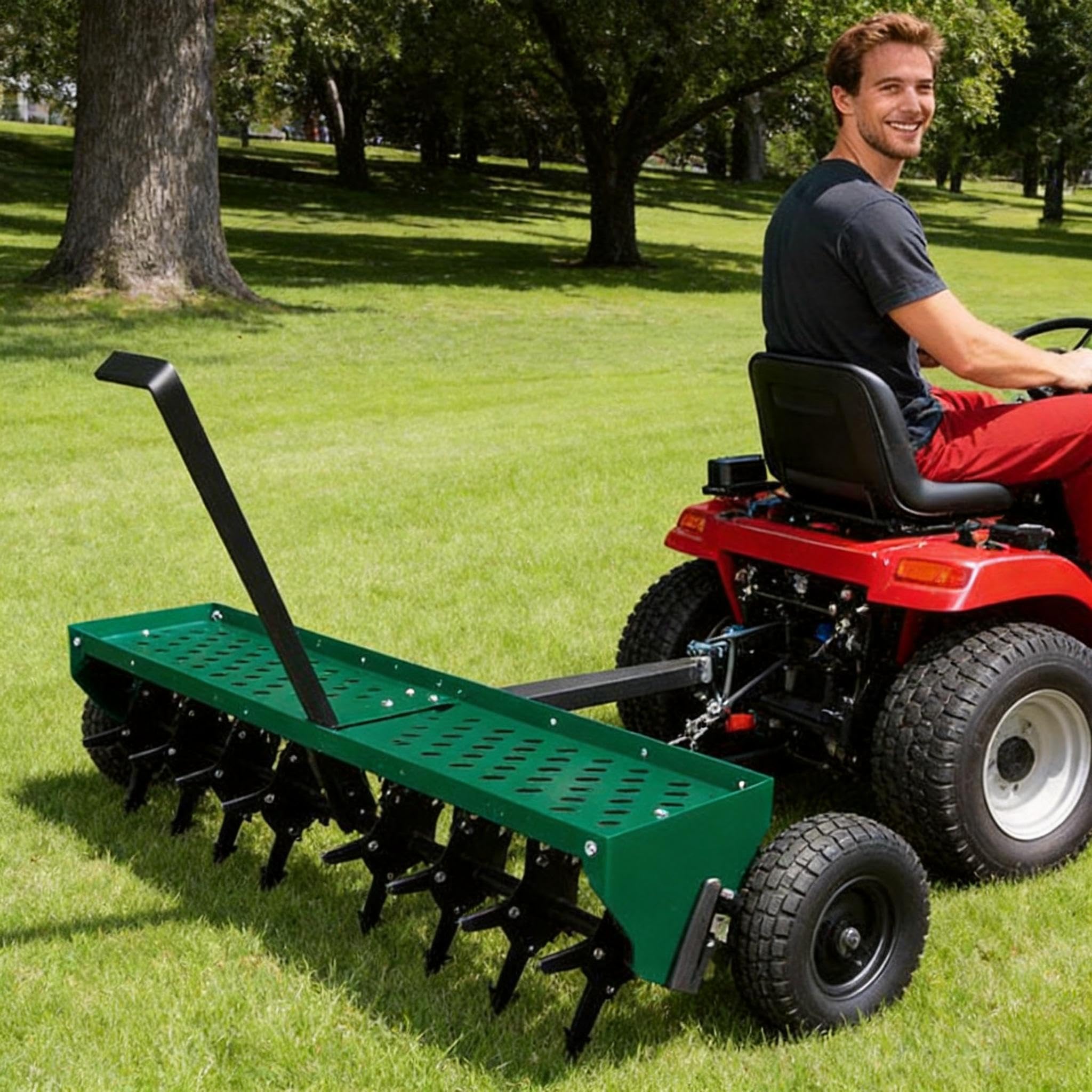 View 1 of ***MISSING WHEEL*** 48" Plug Aerator Tow Behind - Heavy Duty Lawn & Farm Aerator with 32 Steel Tines, Weight Tray & Transport Wheels | Universal Hitch for Tractor, ATV, Zero Turn Mower