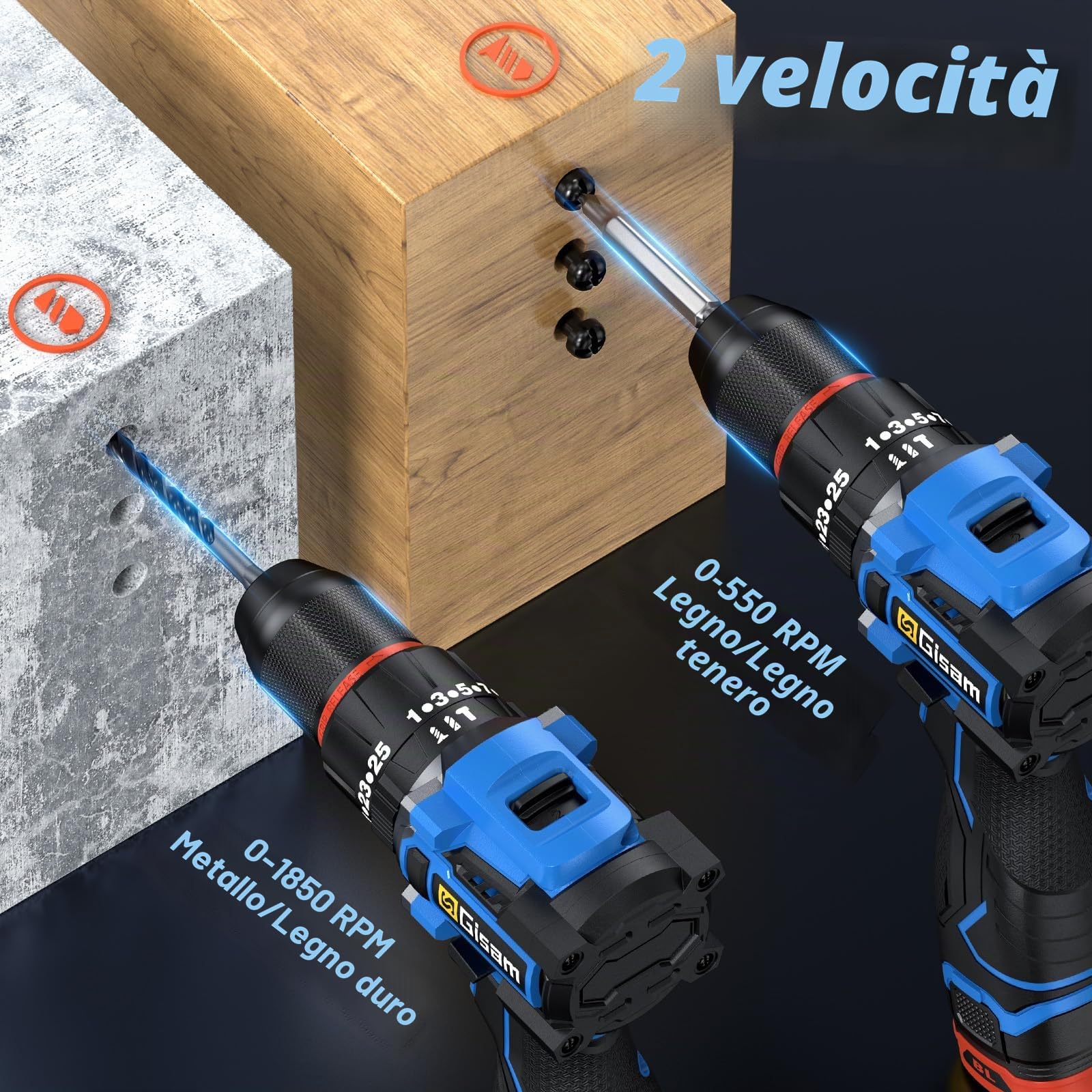 Trapano Avvitatore Batteria, 25+3 Impostazione Coppia, Max 65Nm, 2 Velocità, Avvitatore a Batteria con 2 Batteries 2.0Ah, 28 Accessori, Luce a LED, per Riparazione, Fai da te (blu)