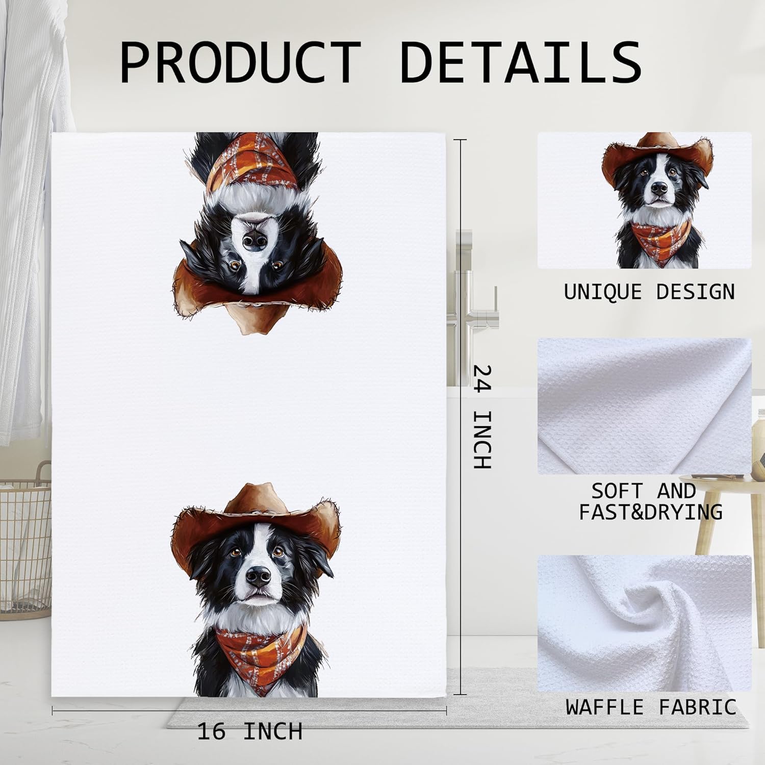 Cabana Bro Border Collie Gifts Kitchen Towels, Border Collie Gifts for Women Men Decorative Hand Towels for Bathroom, Funny Western Cowboy Shepherd Dog Dish Tea Towels for Kitchen, 16x24 Inch - Image 7