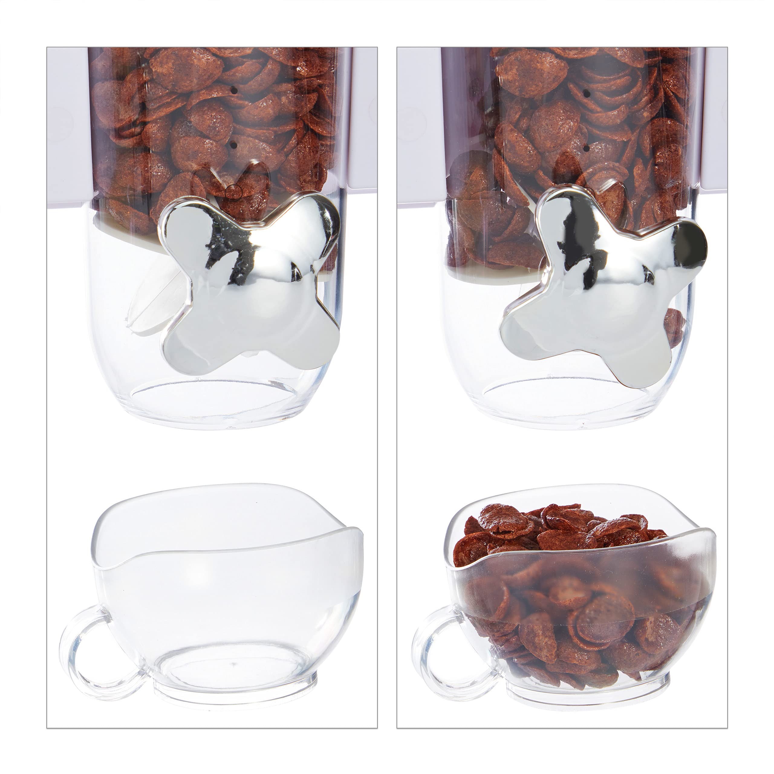 Relaxdays Dispensador Cereales Doble, Montaje Pared, Dosificador Frutos Secos, Botes Caramelos, Avena, Plástico, Blanco