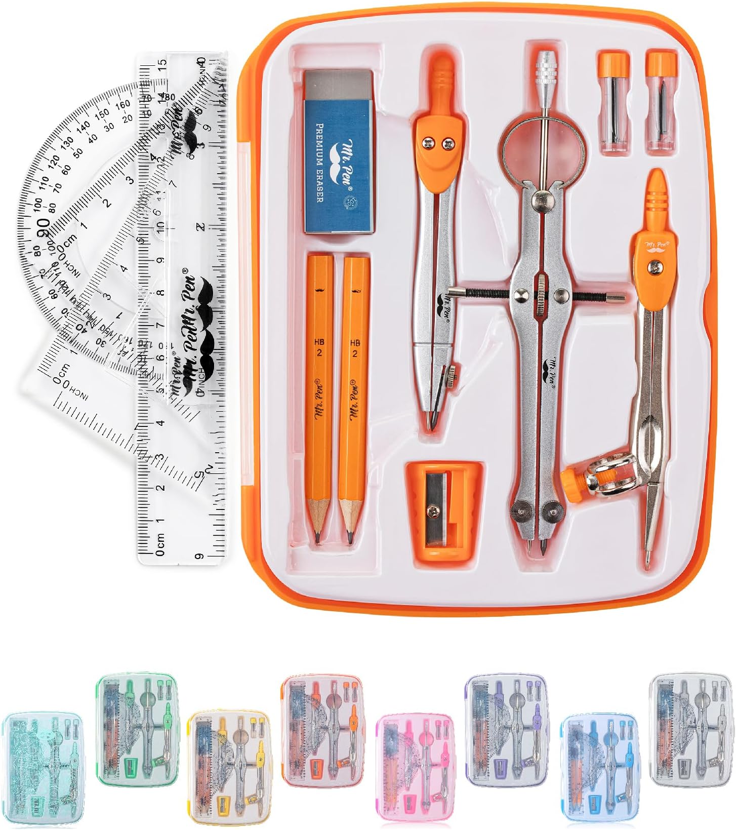 Mr. Pen- Geometry Set, 13 pcs, 3 Metal Compasses, Protractor, 6" Ruler, 45° & 30°/60° Set Squares, Pencils, Lead Refills, Sharpener & Eraser for Math, Drafting & Classroom Use