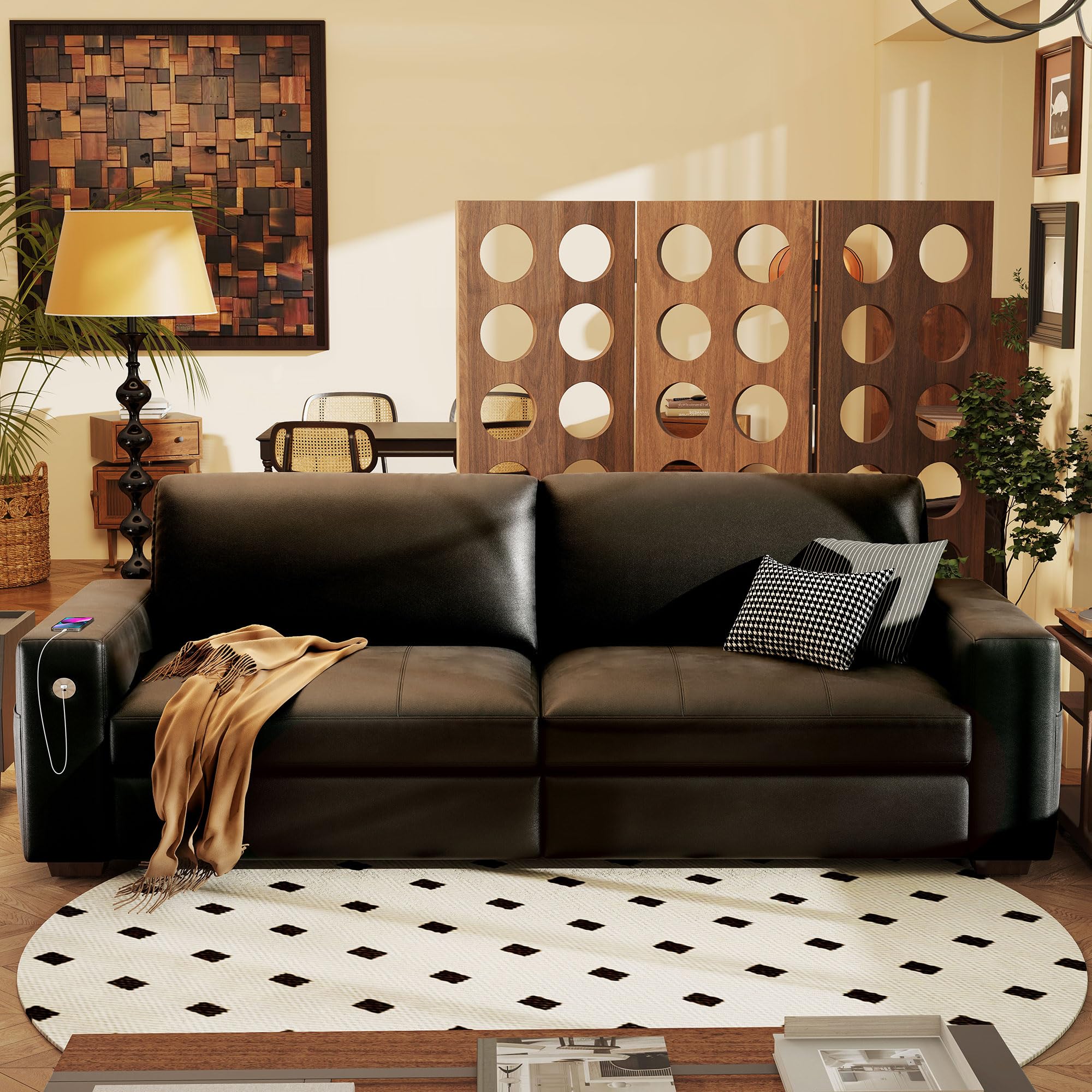 Hanherry Faux Leather 89" Sofa for Living Room, Modern Comfy Couch with Medium Firm Seat Cushion, Removable Cover,Wide Armrest,USB/Type-C Port,Couches