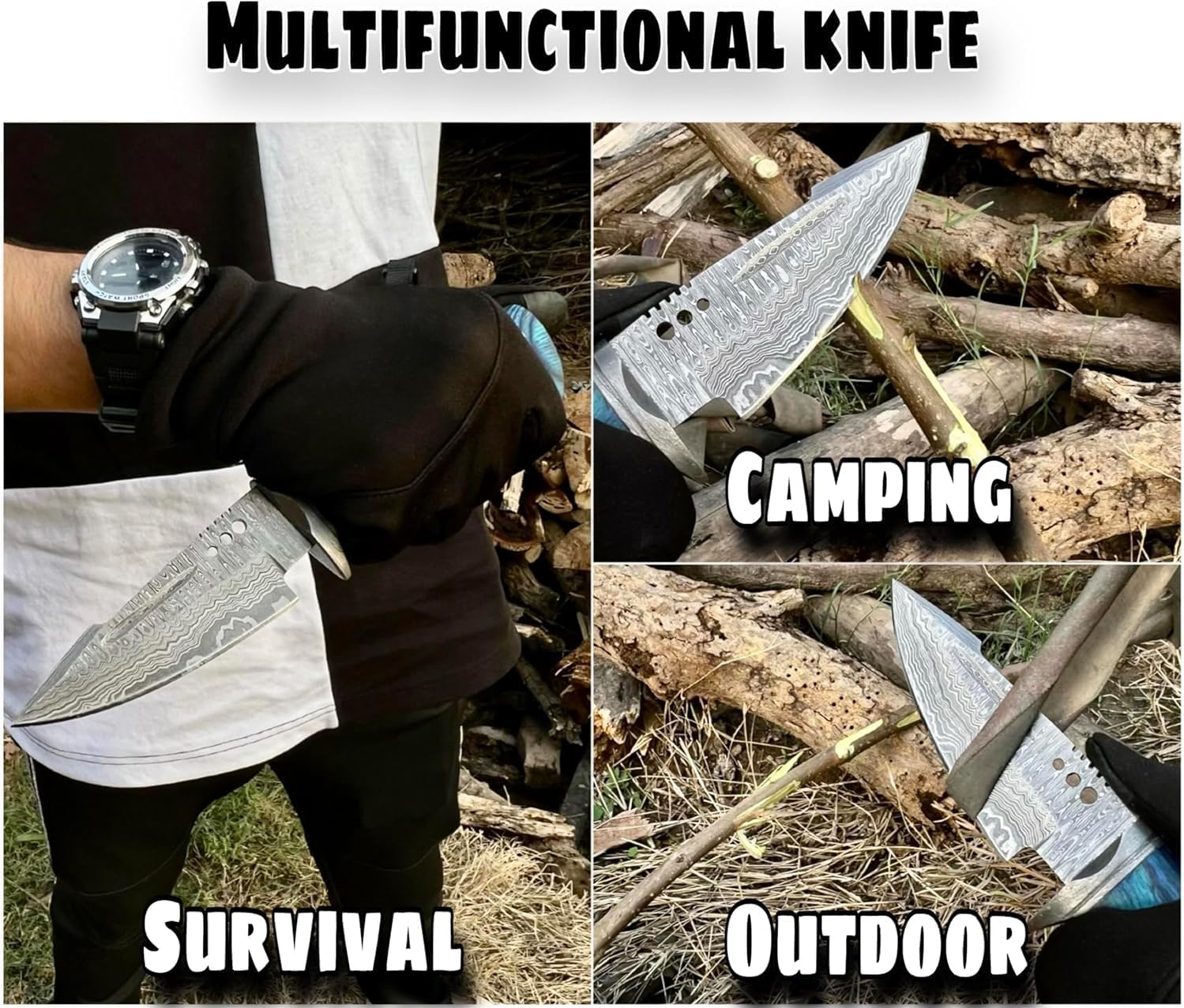 Custom Handmade Damascus Steel Hunting Knife with Leather Sheath - Ideal for Skinning, Camping, Outdoor - EDC Fixed Blade Bushcraft Horizontal and Vertical Carry Knives For Men