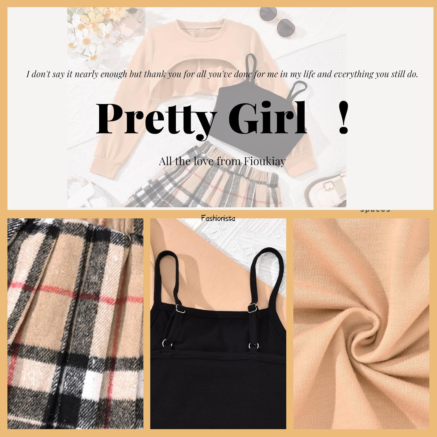 fioukiay Girls 3 Piece Outfit Skirt Sets Long Sleeve Sweatshirt and Plaid Pleated Skirt with Camisole Clothes Set - Image 5