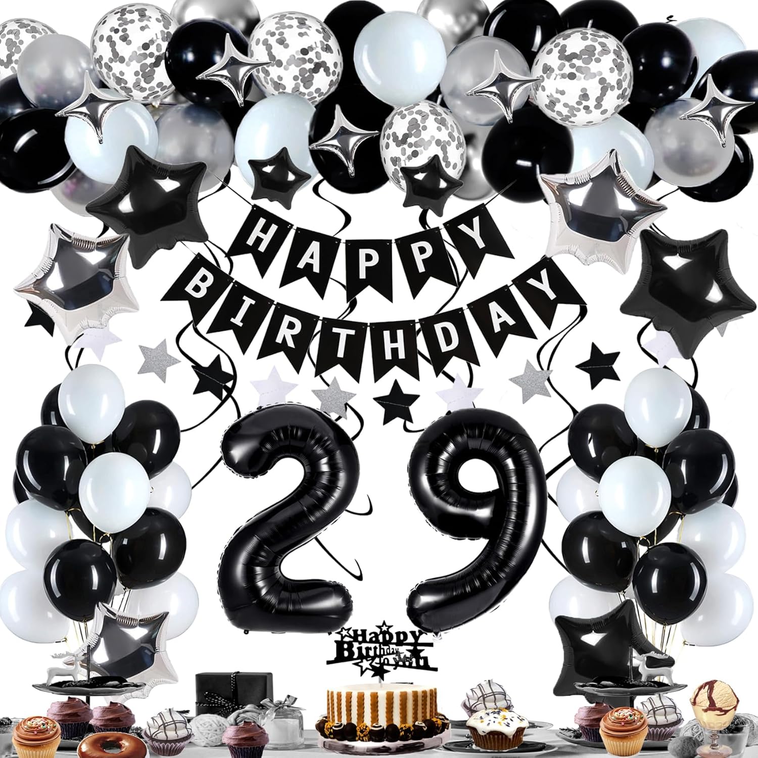 29th Birthday Decorations for Men Women, Black White and Silver Happy 29 Party Decor Set with 29 Number Foil Balloons, Banner, Cake Topper for Him Her
