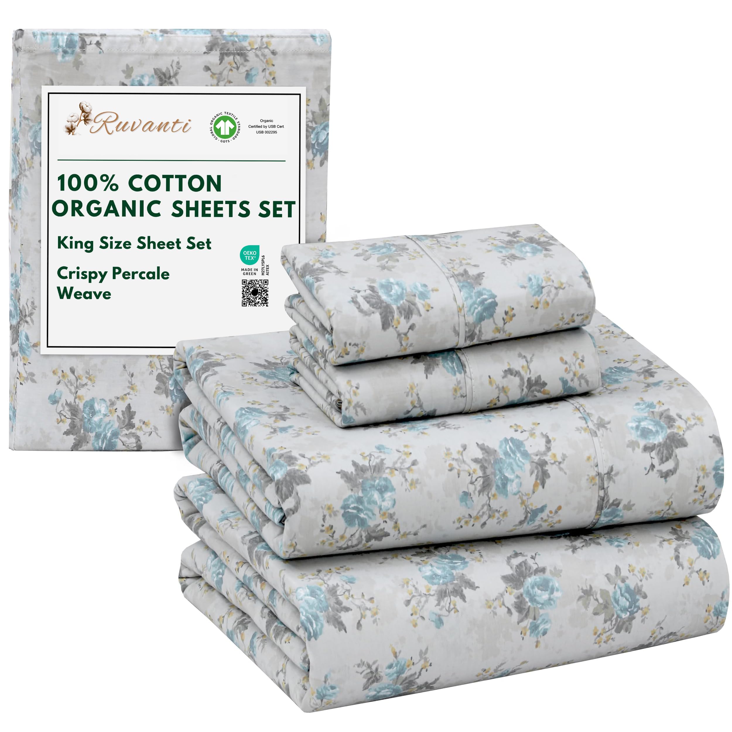RUVANTI 100% Organic Cotton Sheets King Size, Percale Weave, GOTS Certified, 4-Piece Set, Deep Pocket 15", Crisp & Breathable, Soft Durable Bedding, Sábanas Algodón Orgánico – Blue Rose