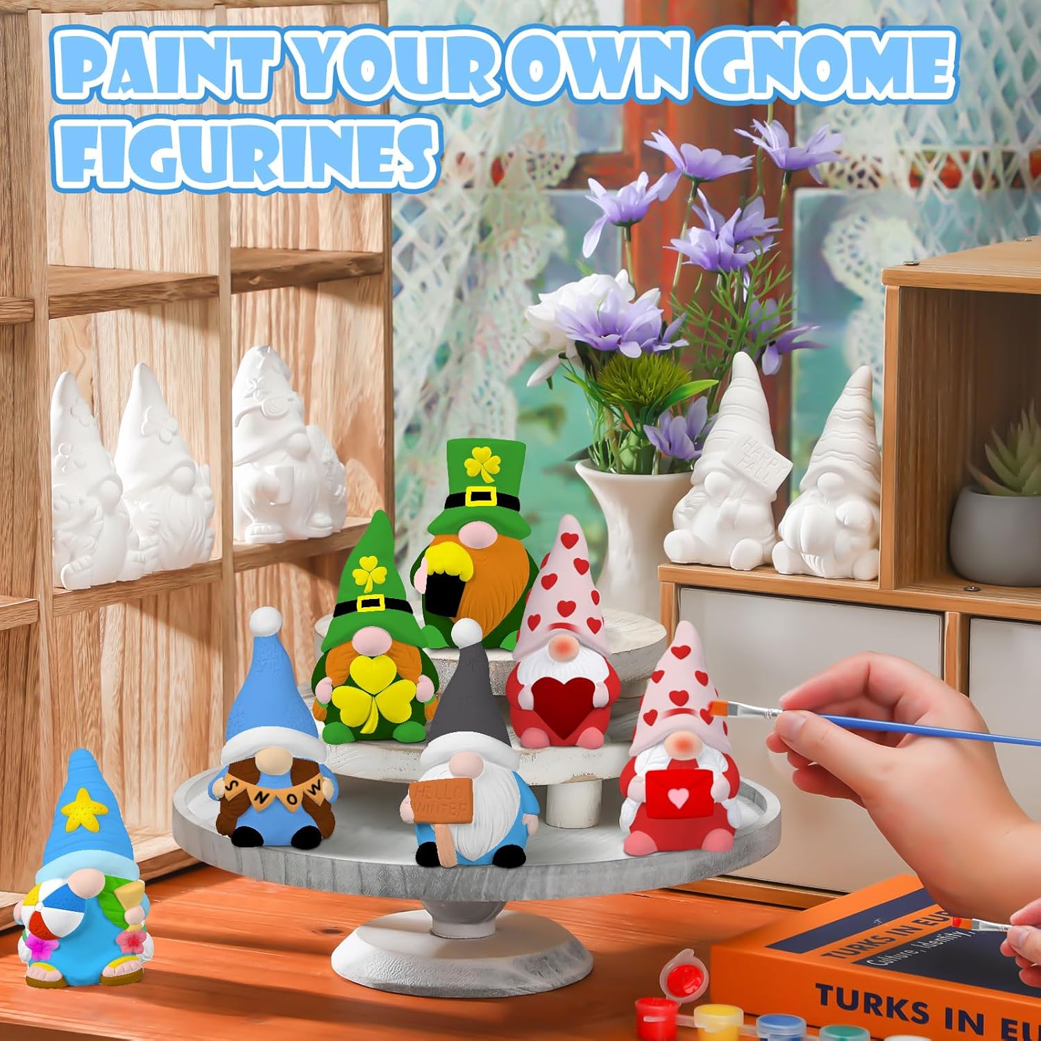 Sinmoe 24 Pcs Holiday Seasonal Paint Your Own Ceramics Gnomes Valentines Decor Paintable Figurines Ceramics to Draw for Adults Paintable Blank Gnomes Statues Plaster Figurines with Brush Palette Paint