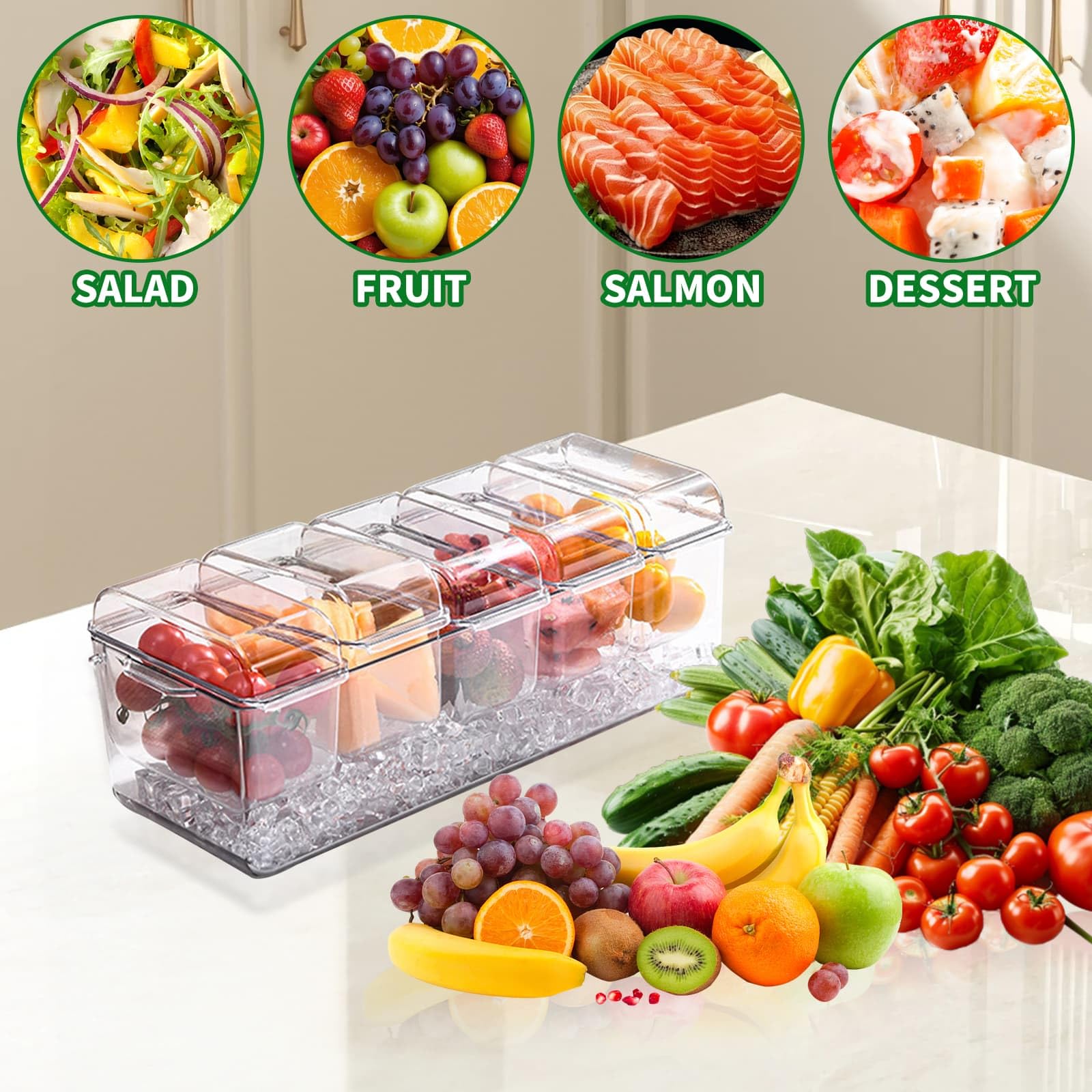 DYUEE Bac à condiments glacé avec 5 récipients, plateau transparent réutilisable avec couvercle avec 5 compartiments amovibles, 5 fourchettes et 3 clips, pour bol de service à glace, fruits, collation