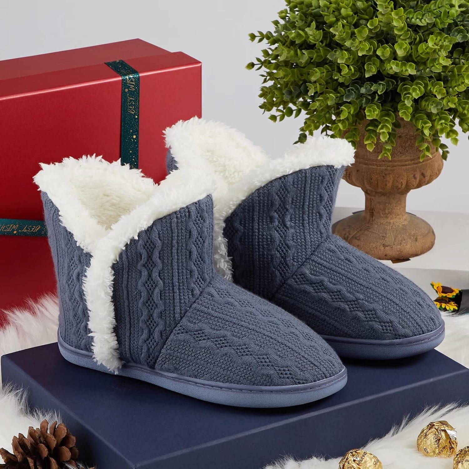 NineCiFun Women's Fuzzy Winter Bootie Slippers Knitted Ankle Boots Slippers Warm House Shoes Outdoor Indoor with Plush Fur Lining - Image 7