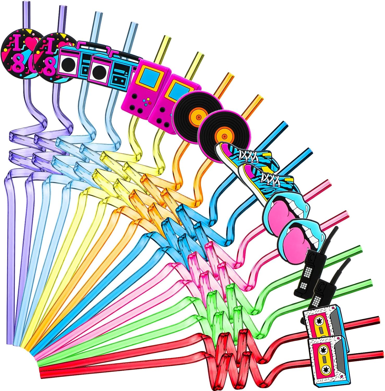 Vesici 80s Party Decor Retro Straw Hip Hop Theme 80s Party Silly Drinking Straws I Love Radio Boombox Mobile Phone Decorations for Adults, 8 Colors and Styles(48 Pcs)