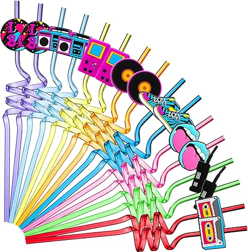 Decoración de fiesta de los años 80, pajilla, temática de hip hop, pajitas tontas para beber con texto en inglés "I Love 80s Radio Boombox,