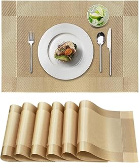 NeoStyle 6 Piece Place Mats for Dining Table Washable Crossweave Woven Vinyl Placemat Table Mats PVC Insulation Non-Slip Insulation Pad Home Tableware Accessories (Gold Mat)