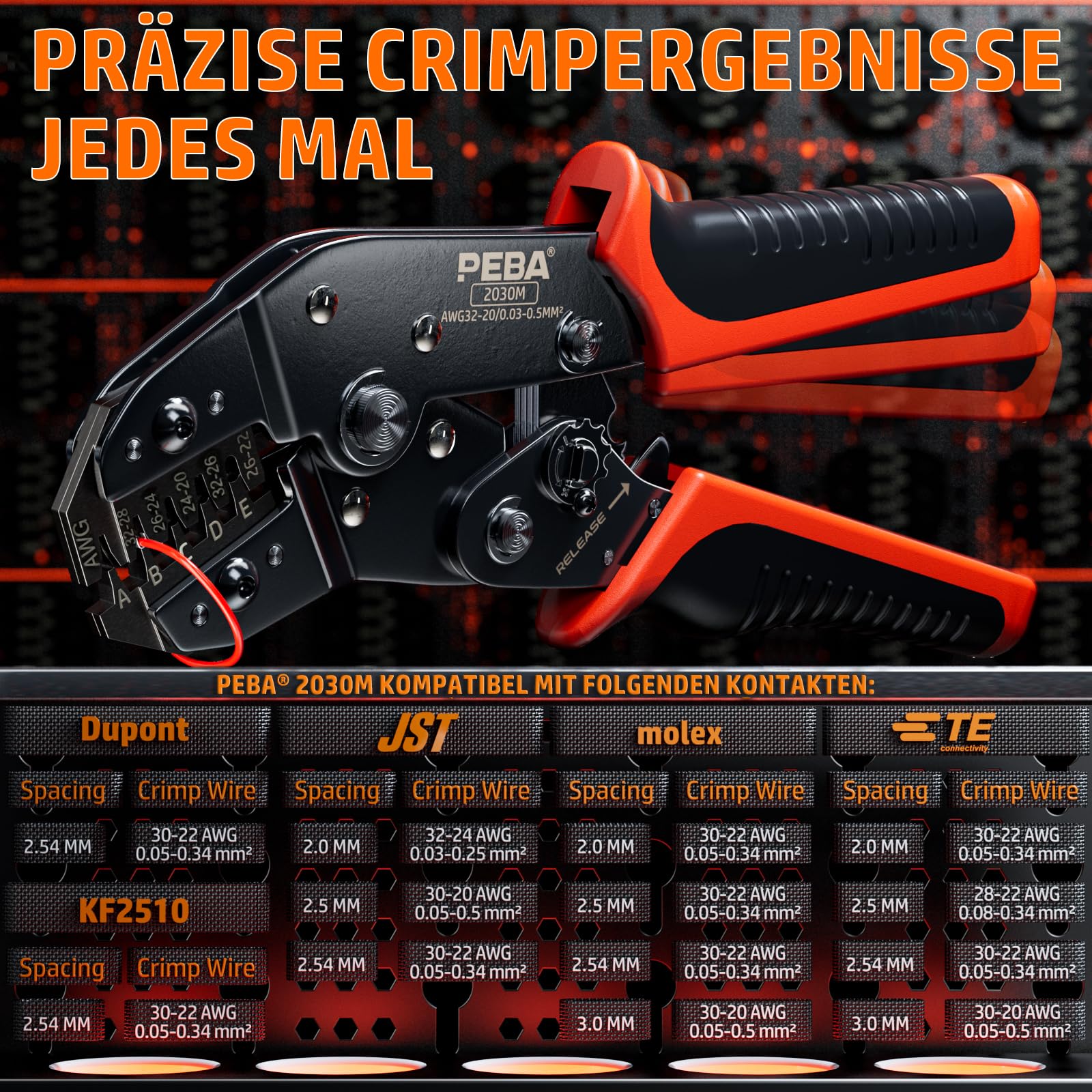 PEBA Crimpzangen-Set für Molex Micro-Fit 3.0 & Mini-Fit 4.2mm, Ratschen-Crimpwerkzeug Kit mit Stecker Gehäuse und Pins, Profi Terminal Presszange für 3D-Drucker & PC-Netzteil (2,0-3,0 mm)