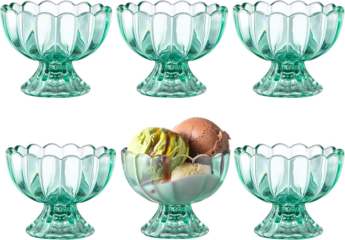 Juego de 6 tazones/tazas de postre de vidrio de tulipán con patas pequeñas y lindas de 5 oz, perfectos para postres, helados, frutas, ensaladas, refrigerios, cócteles, condimentos, bagatelas y fiestas navideñas (verde)