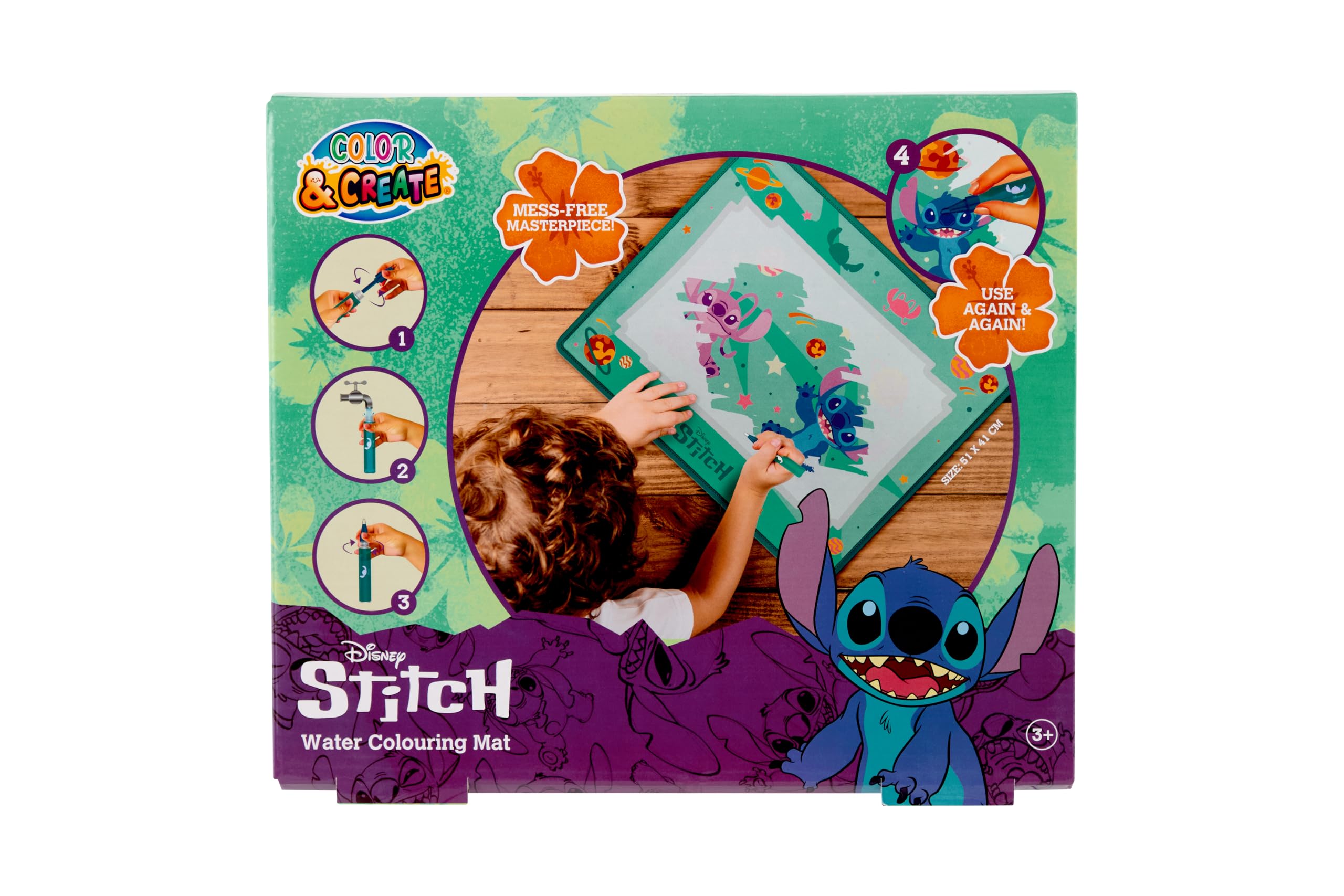 Disney Stitch Water Painting Mat, Reusable Aqua Drawing Mat for Children, Clean Painting Set Without Colour with Magic Water Pen, Creative Toy for Girls and Boys, 51 x 41 cm